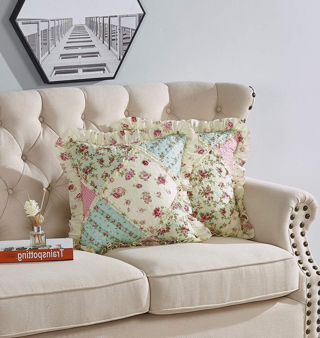 Brilliant Sunshine Pink and Green Rose Patchwork Ruffle Pillowshams, Quilted Decorative Pillow Covers Set, Square Throw Cushion Cases for Couch, Recliner, Armchair, Bed, 18x18, Pack of 2, Pink Green
