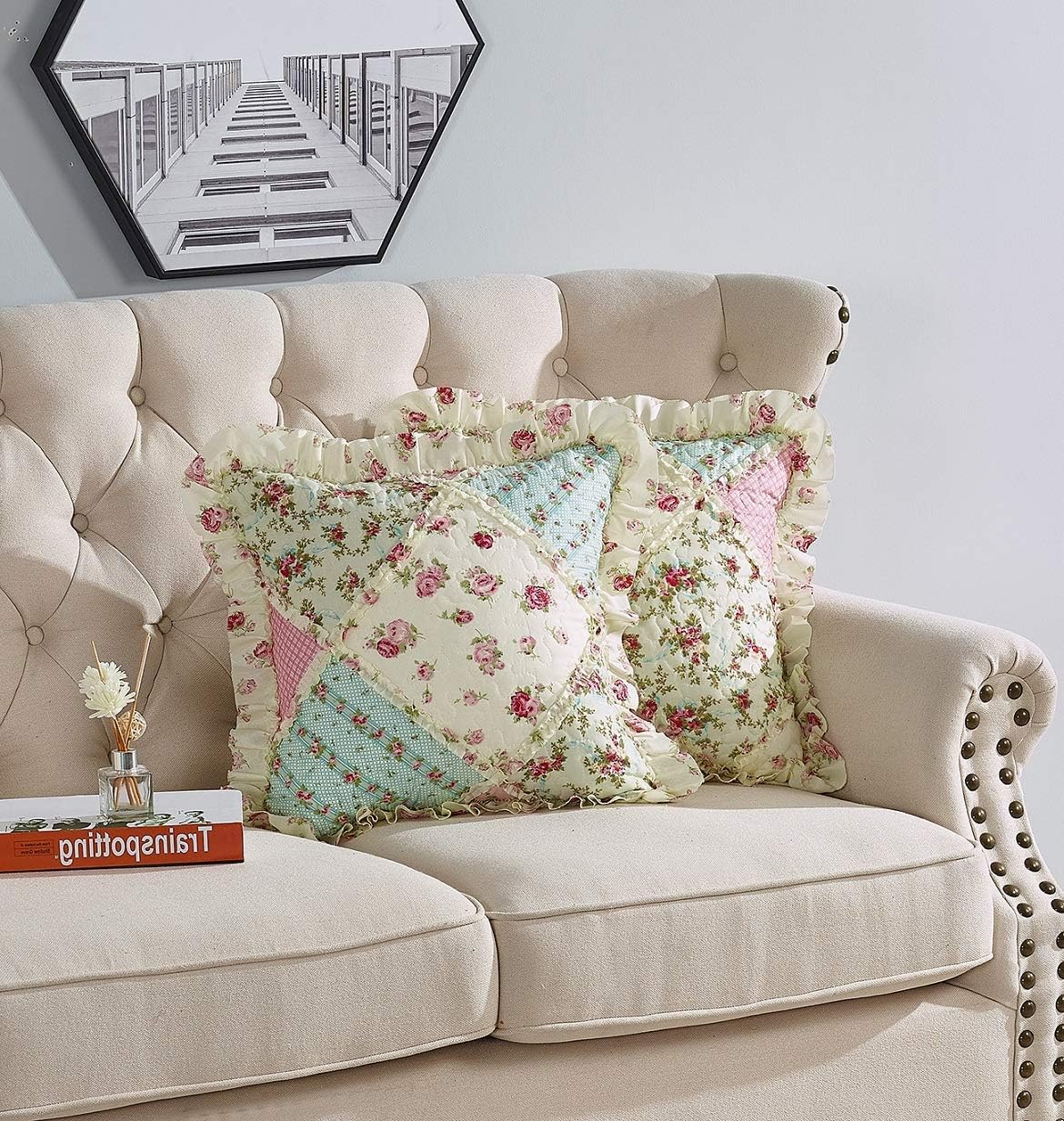 Brilliant Sunshine Pink and Green Rose Patchwork Ruffle Pillowshams, Quilted Decorative Pillow Covers Set, Square Throw Cushion Cases for Couch, Recliner, Armchair, Bed, 18x18, Pack of 2, Pink Green