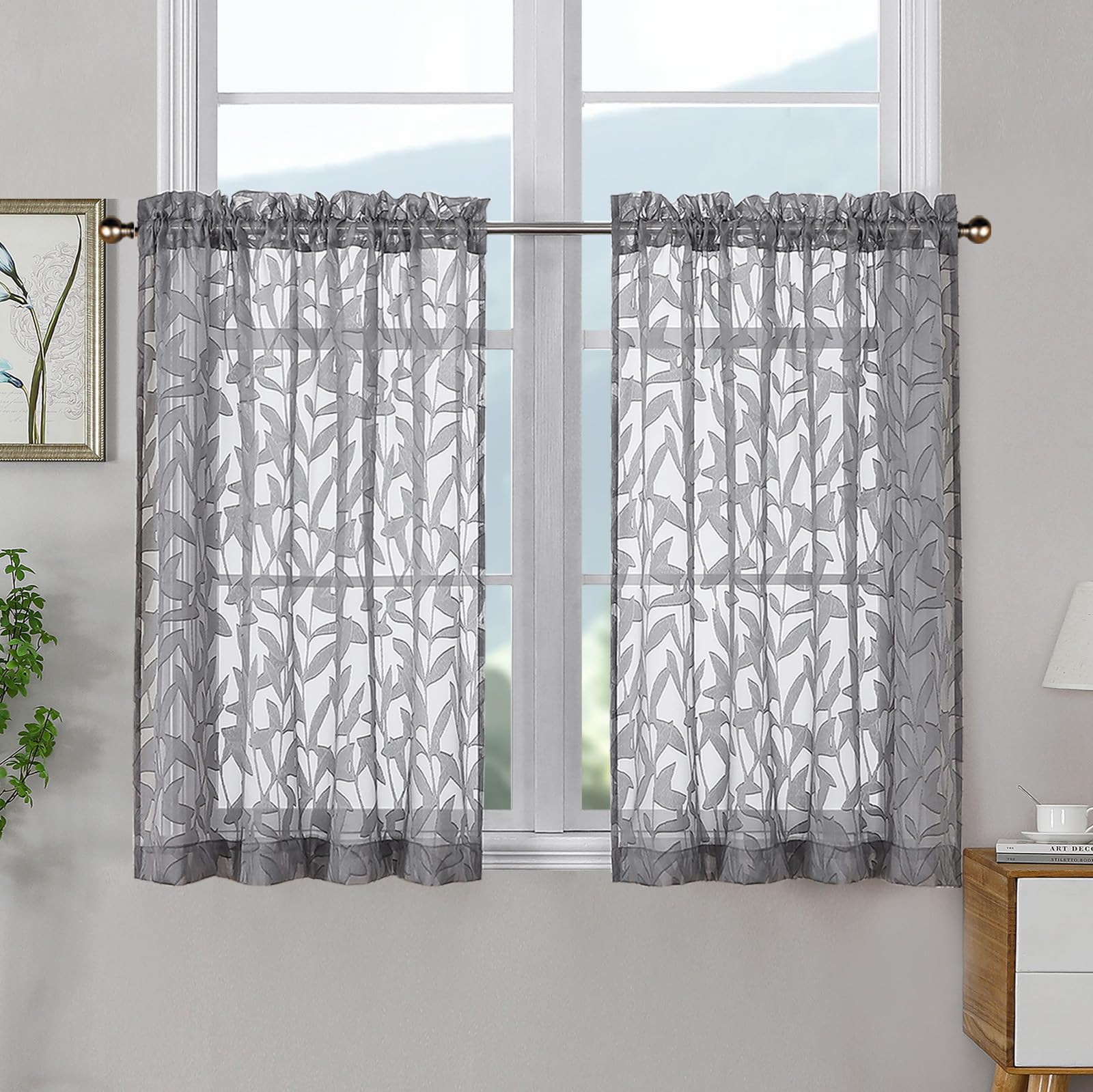 OWENIE Leyna 2 Panels Sage Green Sheer Curtains 63 Inch Length for Bedroom, Soft Lightweight Jacquard Clip Window Curtain for Living Room, Double Rod Pockets Textured Drapes, Each 40Wx63L Inches