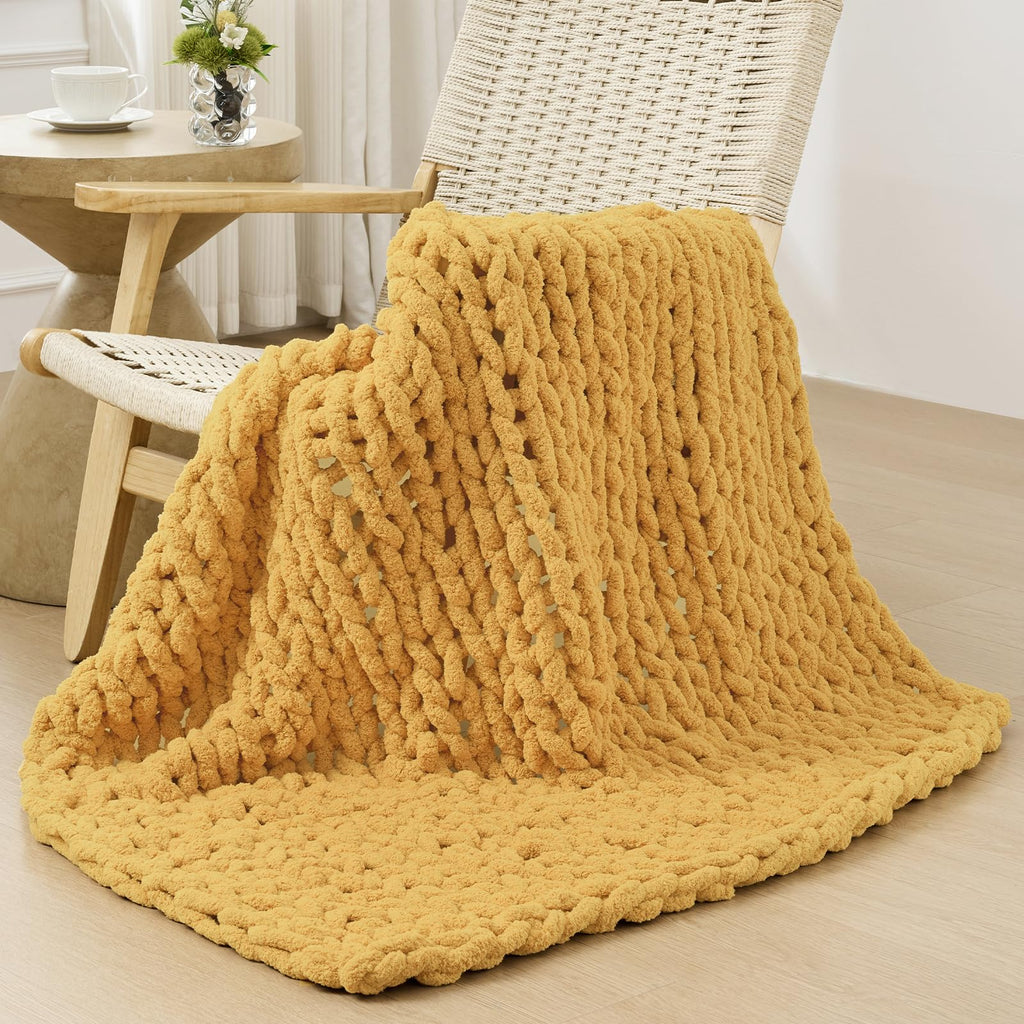 Bigacogo Chunky Knit Throw Blanket for Couch, 40x60 inches, 100% Hand Knitted with Thick Jumbo Chenille Yarn, Cozy Soft Large Rope Knot Cable Crochet Blankets for Sofa Bed Living Room, Beige