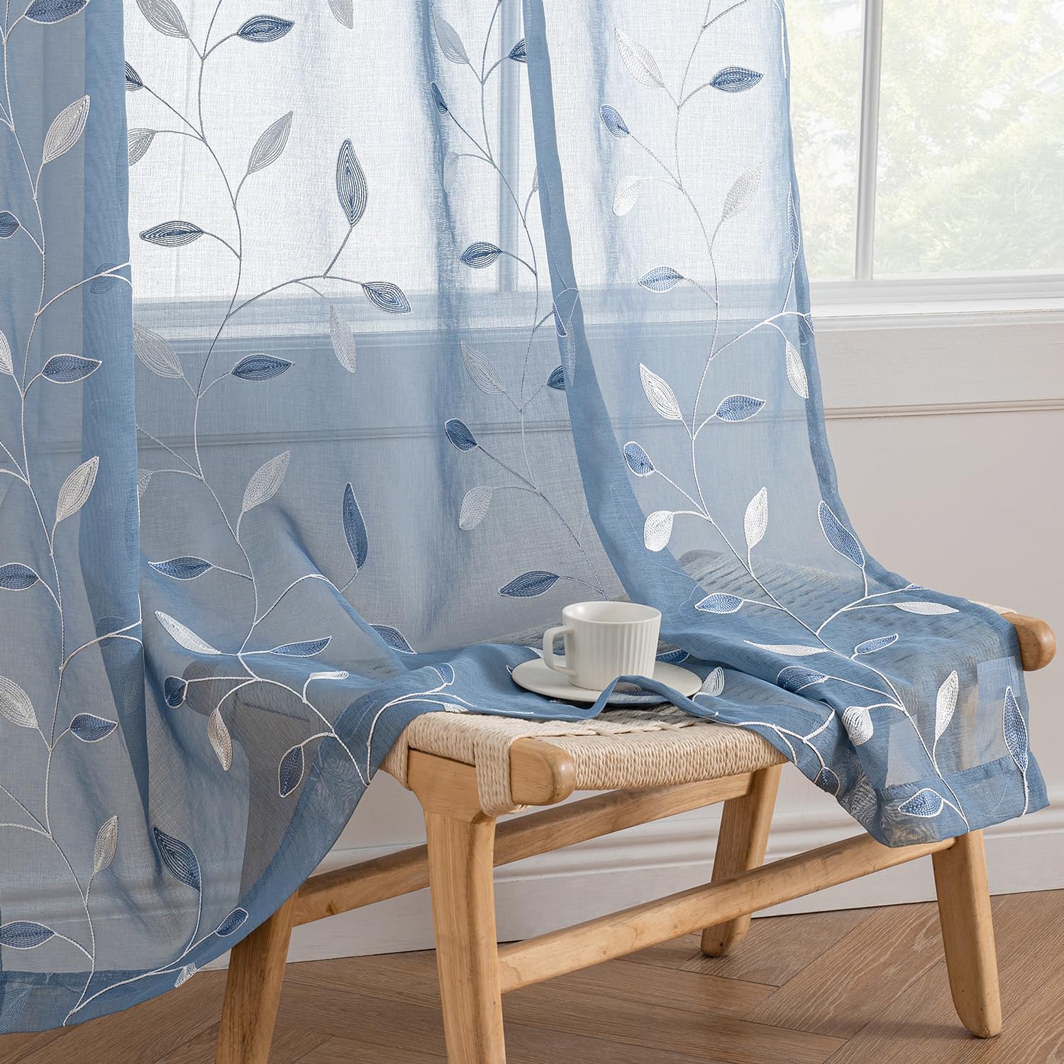 MIULEE Sage Green Sheer Curtains 2 Panels Embroidered Leaf Patterned Rod Pocket Floral Semi Sheer Faux Linen Window Curtains Drapes Set for Living Room Bedroom Dining Room, 52x84 Inches Long
