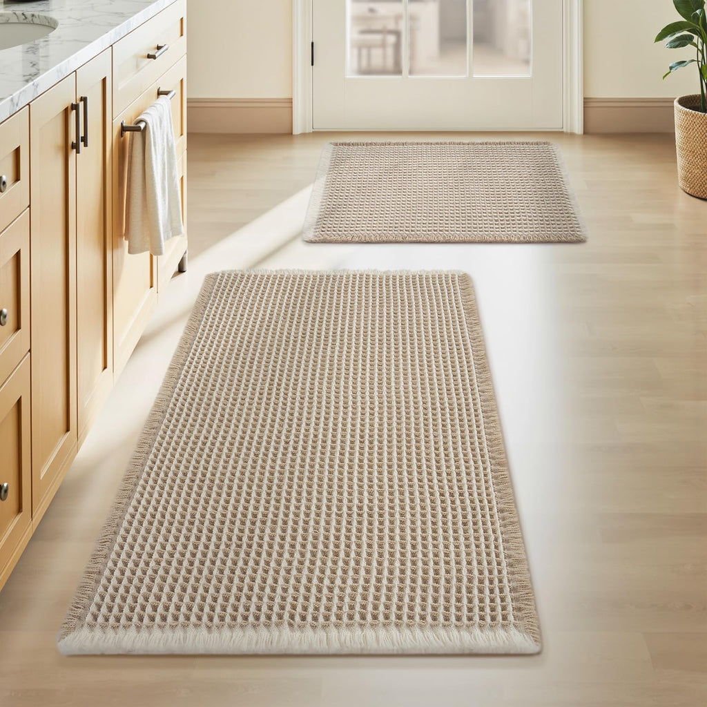 AMOAMI Upgraded Waffle Bath Mat, Super Absorbent Non Slip Bath Mats for Bathroom Floor, Machine Washable Bathroom Rugs with Tassels, Rubber Backed Bathroom Mats, Ultra Soft, 17" x 24", Brown