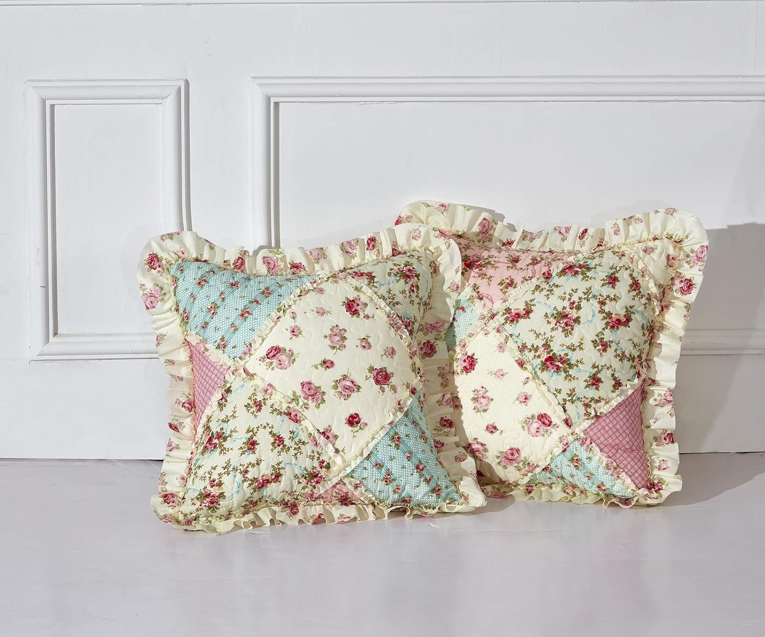 Brilliant Sunshine Pink and Green Rose Patchwork Ruffle Pillowshams, Quilted Decorative Pillow Covers Set, Square Throw Cushion Cases for Couch, Recliner, Armchair, Bed, 18x18, Pack of 2, Pink Green