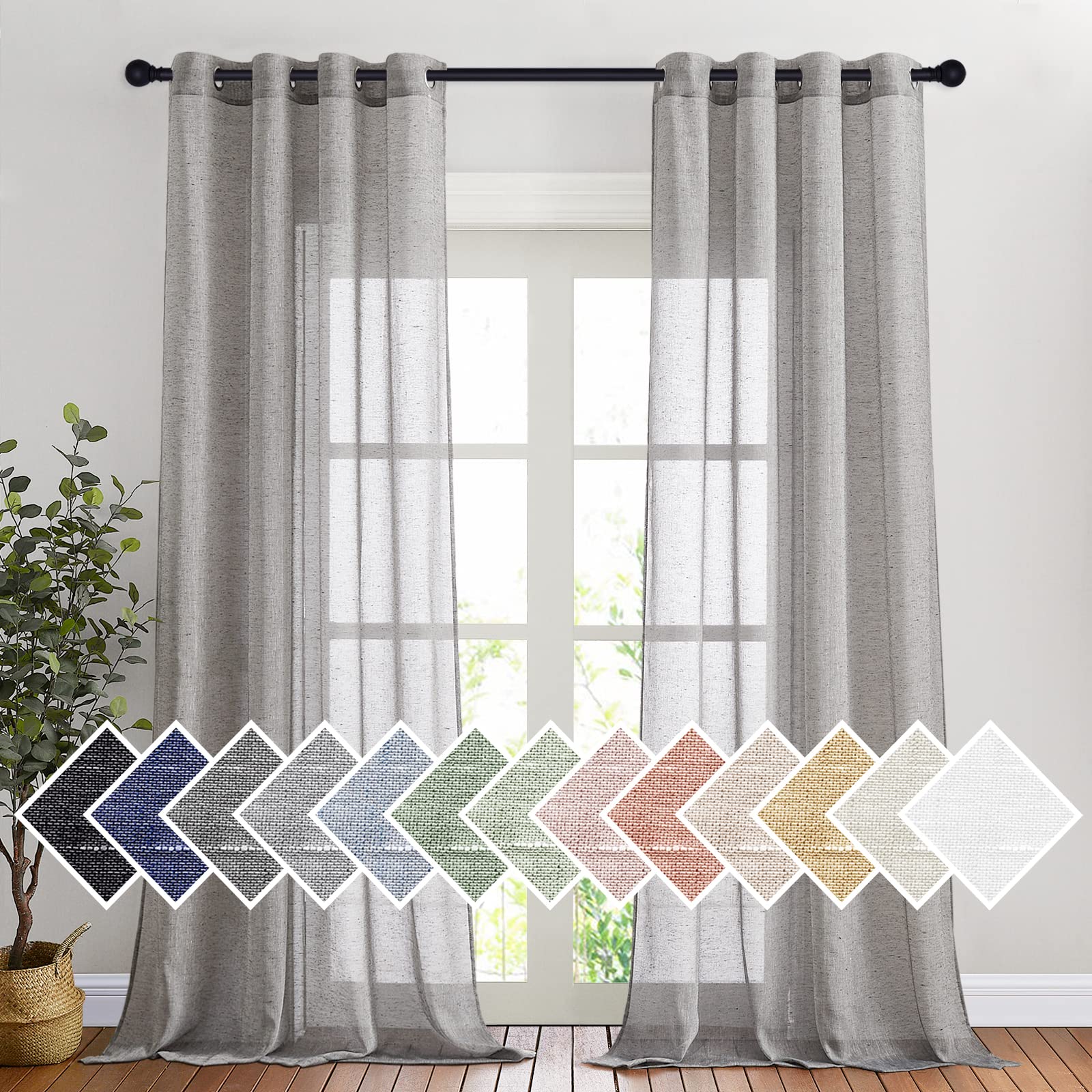 NICETOWN Linen Textured Semi Sheer Curtains 84 inches Length, Eyelet Top Bedroom Window Privacy Translucent Light Filtering Flax Sheer Drapes for Guest Room, 52 inches Wide, 2 Panels, Sea Mist