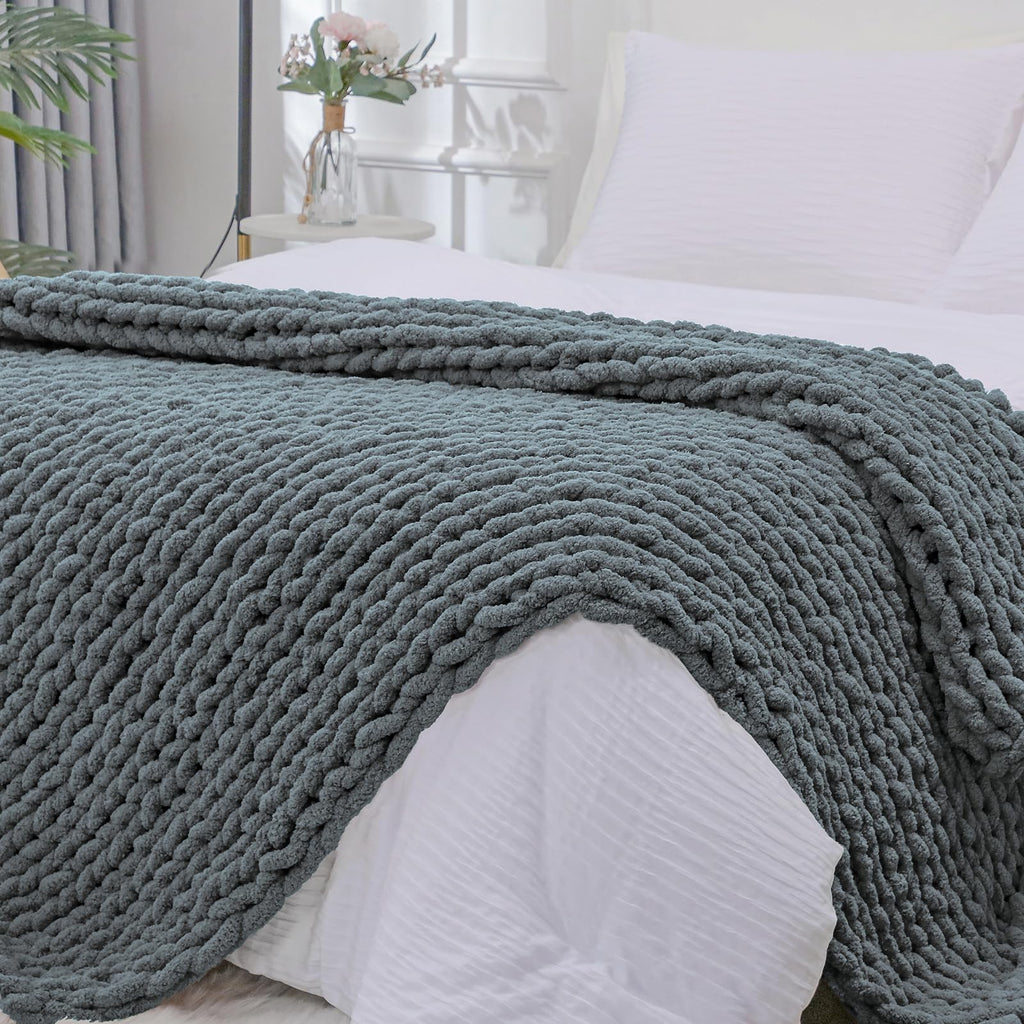 Bigacogo Chunky Knit Throw Blanket for Couch, 40x40 inches, 100% Hand Knitted with Thick Jumbo Chenille Yarn, Cozy Soft Large Rope Knot Cable Crochet Blankets for Sofa Bed Living Room, Dusty Blue