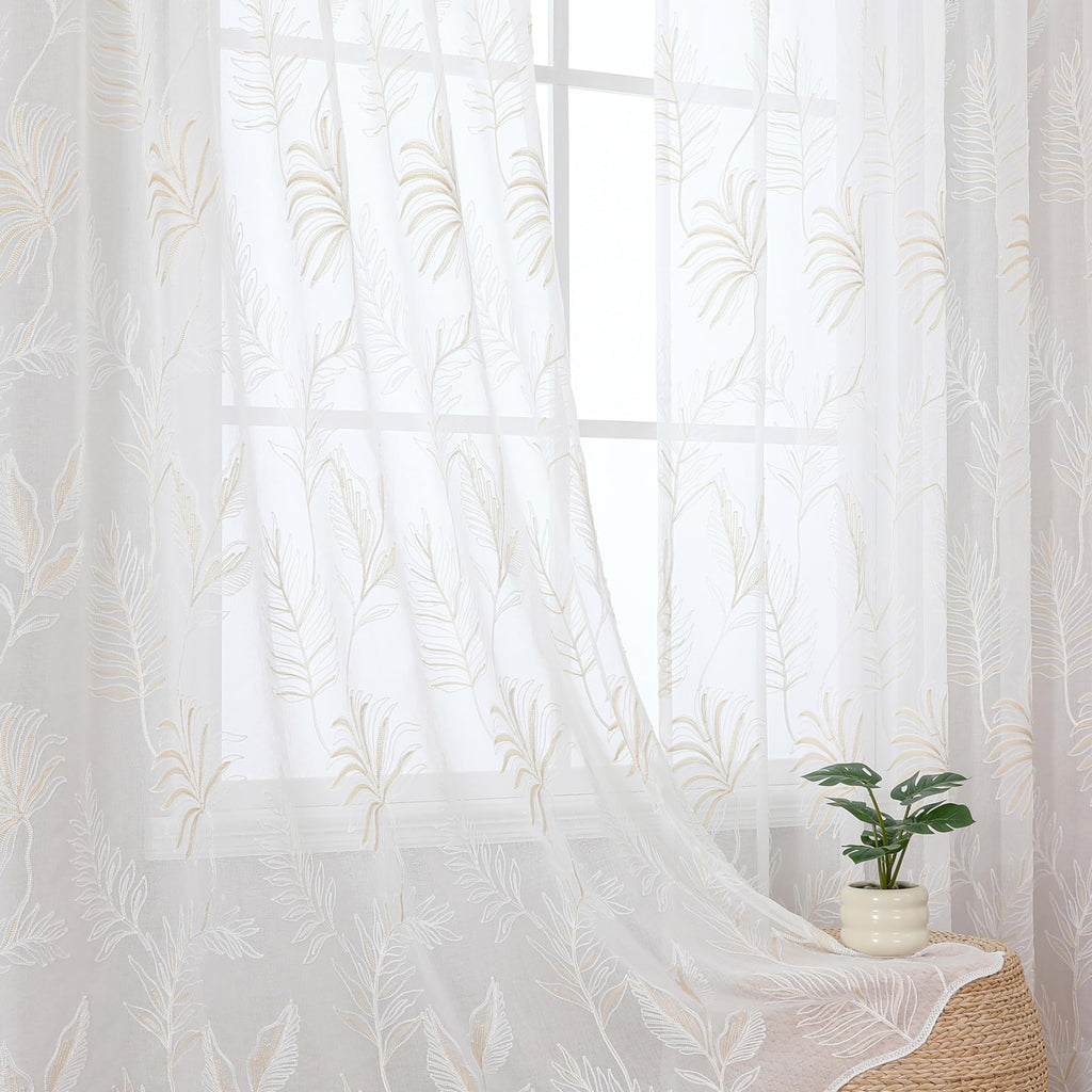 VISIONTEX 2 Panels Sheer Curtains 84 Inches Long, Cream Beige Floral Leaf Embroidered Semi Sheer Voile Curtains, Rod Pocket Light Filtering Window Drapes for Bedroom Living Room 54W x 84L