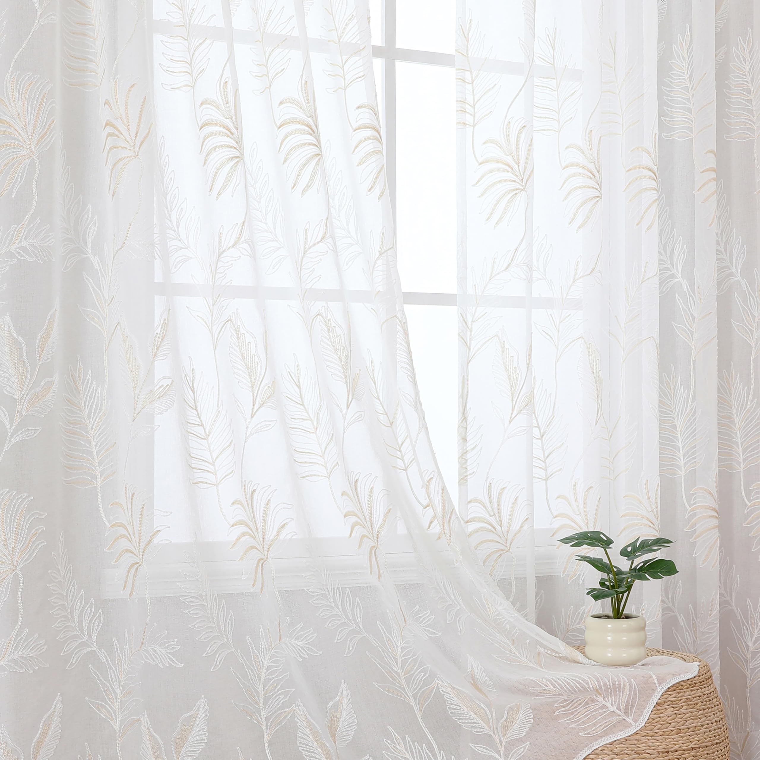 VISIONTEX 2 Panels Sheer Curtains 84 Inches Long, Cream Beige Floral Leaf Embroidered Semi Sheer Voile Curtains, Rod Pocket Light Filtering Window Drapes for Bedroom Living Room 54W x 84L