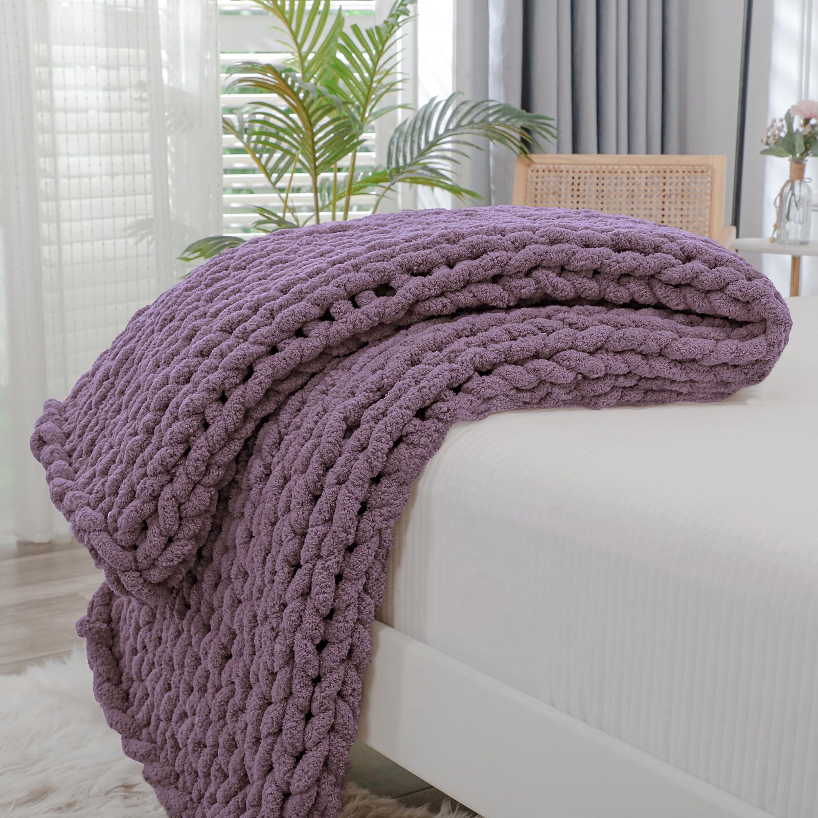 Bigacogo Chunky Knit Throw Blanket for Couch, 40x40 inches, 100% Hand Knitted with Thick Jumbo Chenille Yarn, Cozy Soft Large Rope Knot Cable Crochet Blankets for Sofa Bed Living Room, Dusty Blue