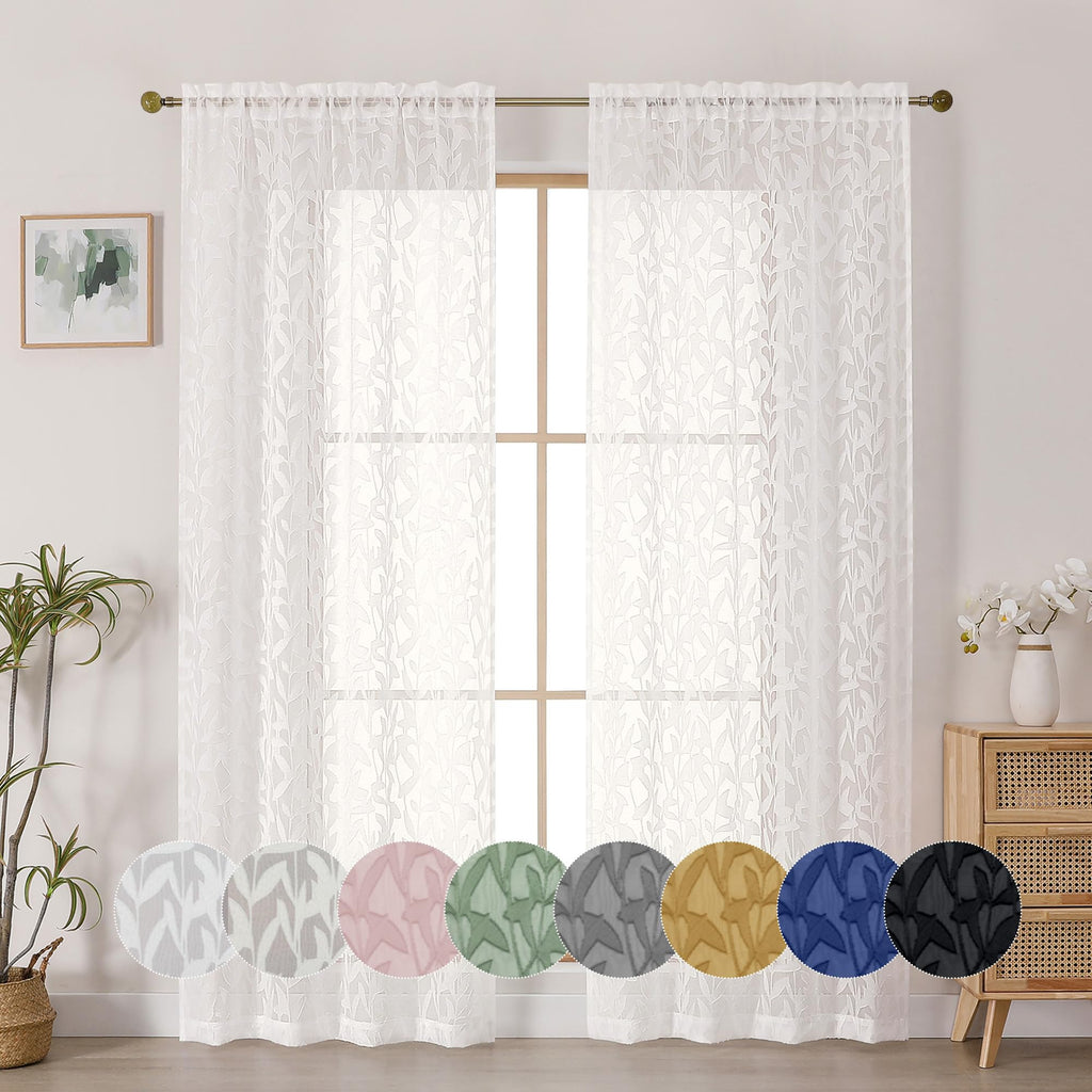OWENIE Leyna 2 Panels Sage Green Sheer Curtains 63 Inch Length for Bedroom, Soft Lightweight Jacquard Clip Window Curtain for Living Room, Double Rod Pockets Textured Drapes, Each 40Wx63L Inches