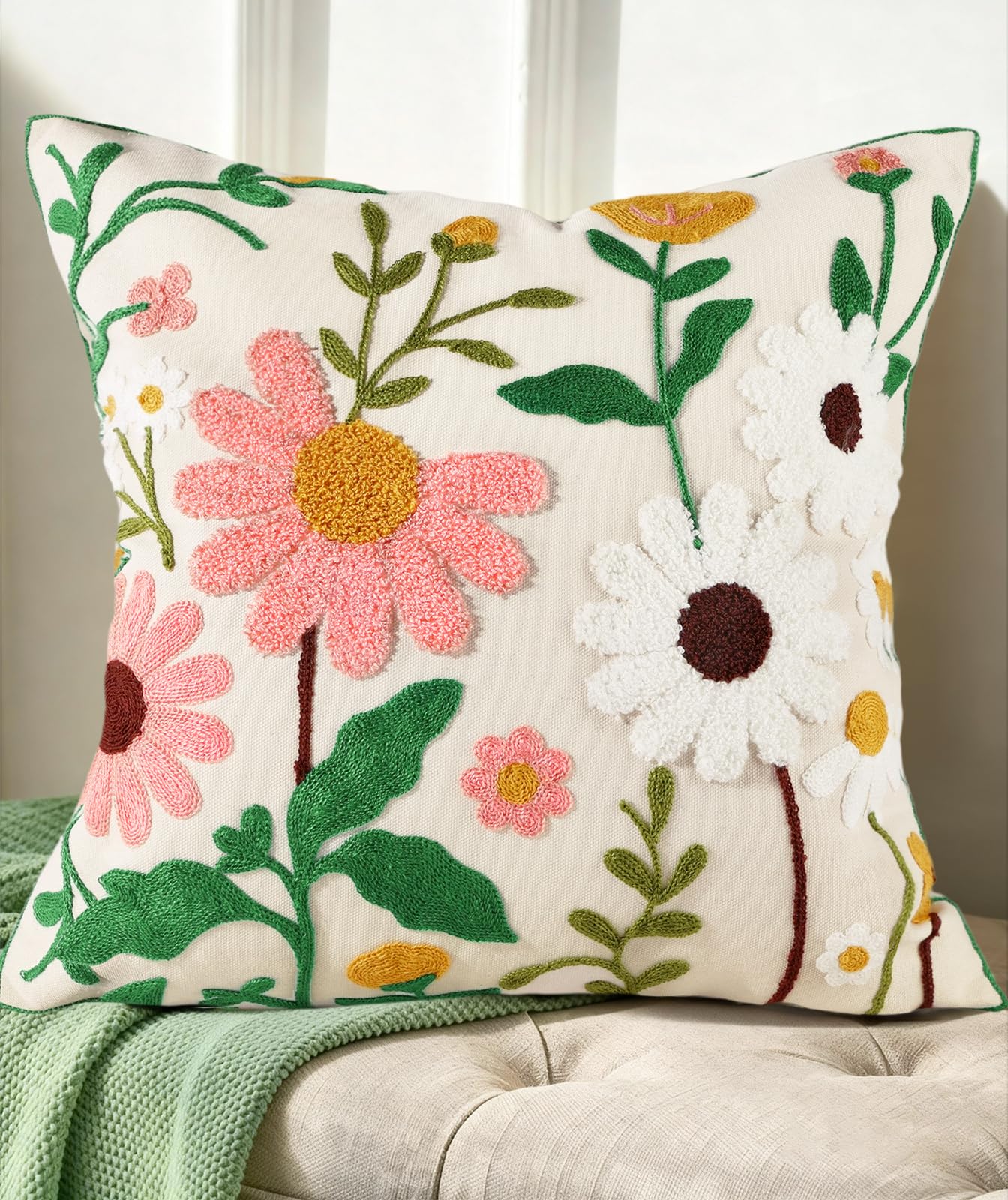 Embroidered Throw Pillow Cover - 18x18 Decorative Pillow Cover with Zipper Aesthetic Cute Design Boho Spring Summer Cozy Throw Pillowcase for Living Room Couch Sofa Bed, White Daisy