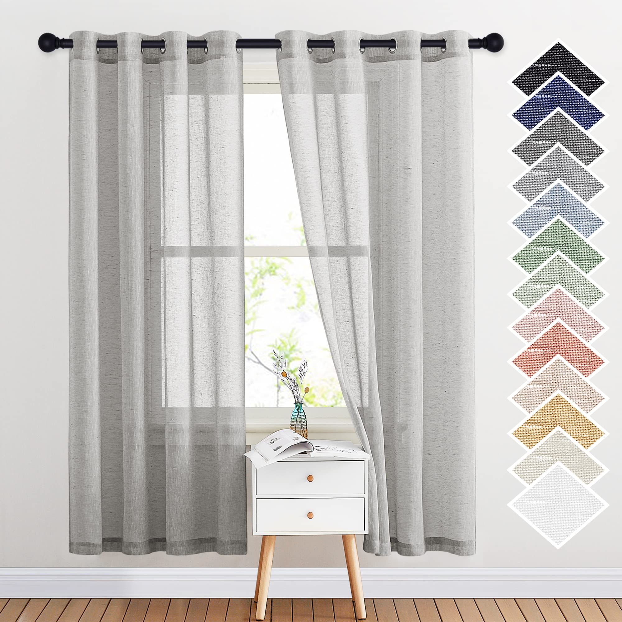 NICETOWN Linen Textured Semi Sheer Curtains 84 inches Length, Eyelet Top Bedroom Window Privacy Translucent Light Filtering Flax Sheer Drapes for Guest Room, 52 inches Wide, 2 Panels, Sea Mist
