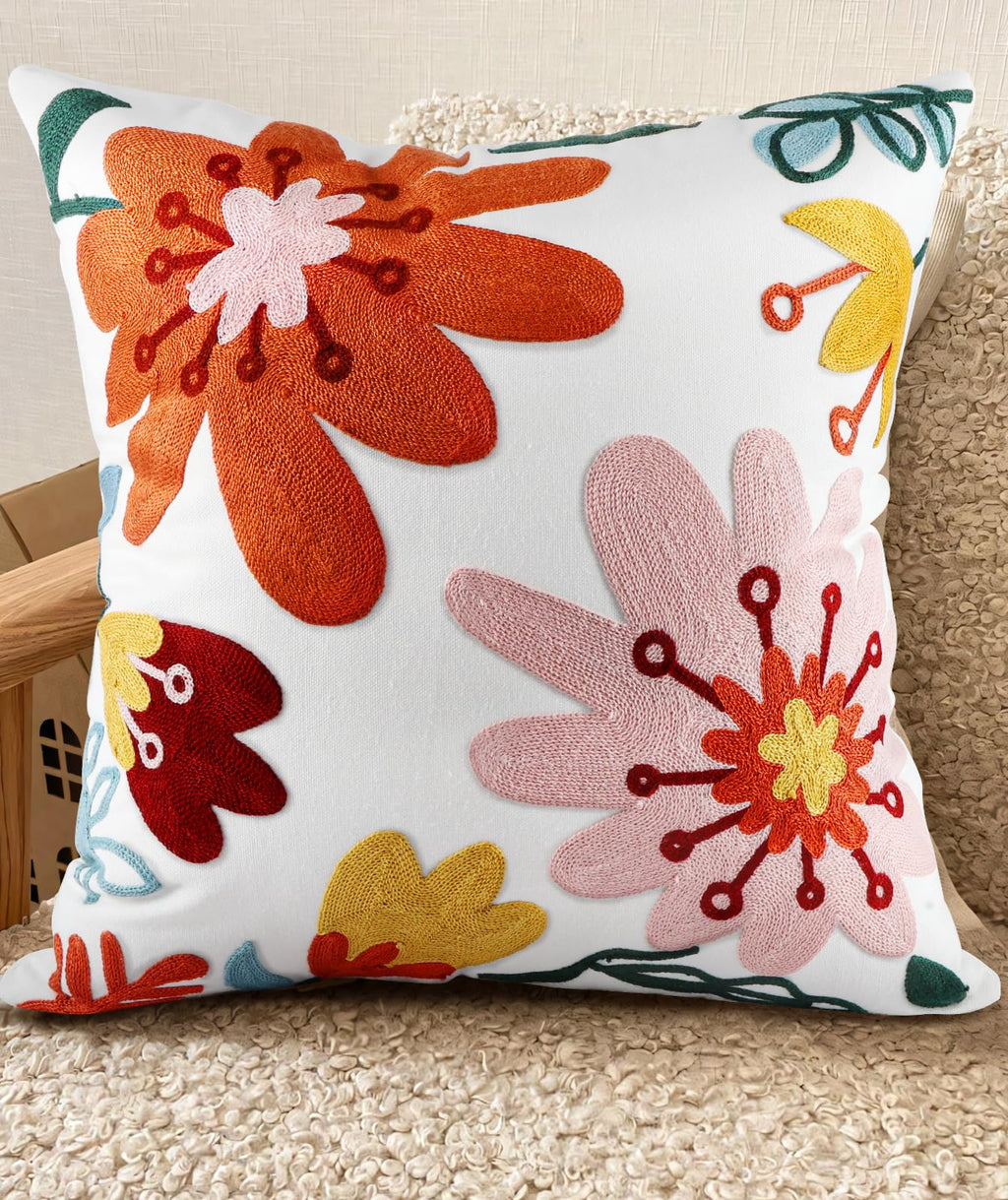 Embroidered Throw Pillow Cover - 18x18 Decorative Pillow Cover with Zipper Aesthetic Cute Design Boho Spring Summer Cozy Throw Pillowcase for Living Room Couch Sofa Bed, White Daisy