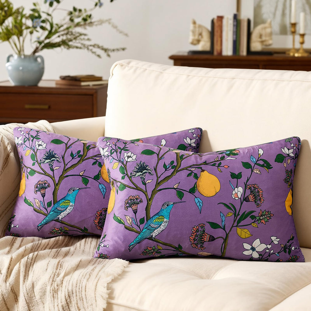 Mustard Yellow Floral Pillow Covers 18x18 Set of 2, Velvet Wild Flower Plant Throw Pillows Case, Square Farmhouse Decor Cushion Covers for Home Sofa Bed Couch