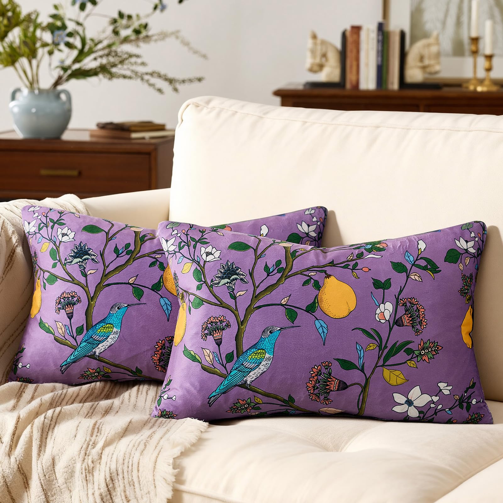 Mustard Yellow Floral Pillow Covers 18x18 Set of 2, Velvet Wild Flower Plant Throw Pillows Case, Square Farmhouse Decor Cushion Covers for Home Sofa Bed Couch