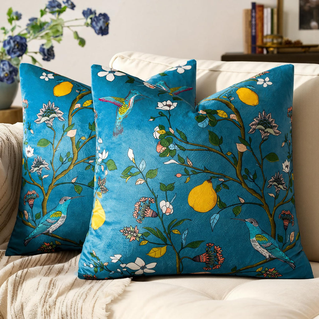 Mustard Yellow Floral Pillow Covers 18x18 Set of 2, Velvet Wild Flower Plant Throw Pillows Case, Square Farmhouse Decor Cushion Covers for Home Sofa Bed Couch