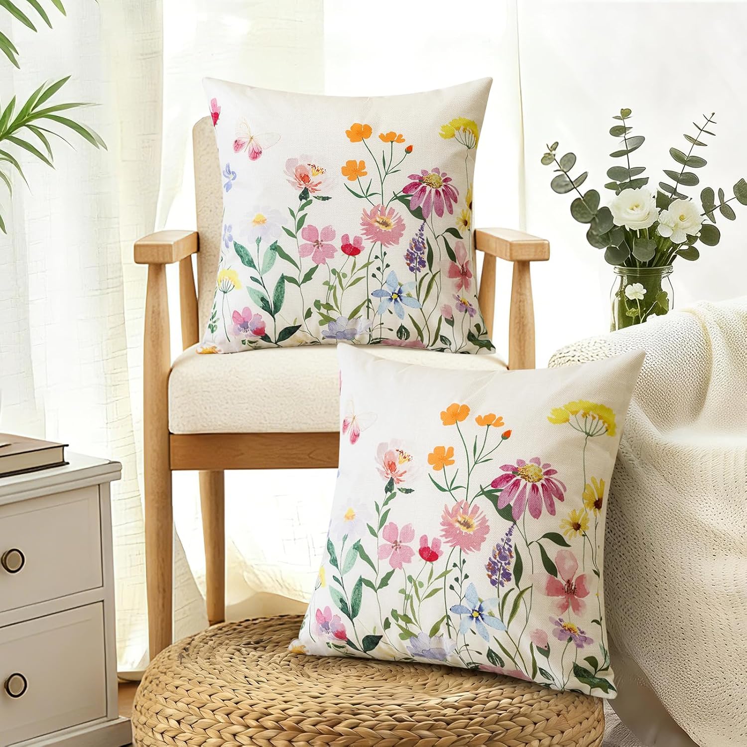Artscope Spring Summer Floral Throw Pillow Covers 18x18 Inch Set of 2, Farmhouse Flower Butterfly Print Decorative Pillow Cases for Sofa Bed Room Home Decor- Flower A