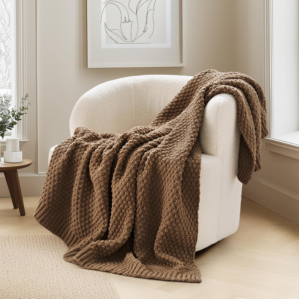 EVERGRACEHOME Chunky Chenille Knit Throw Blanket for Couch, Soft Luxurious Moss Stitch Blankets for Bed, Cozy Decorative Farmhouse Knitted Throws for Sofa, Sand Dune, 60" x 80"