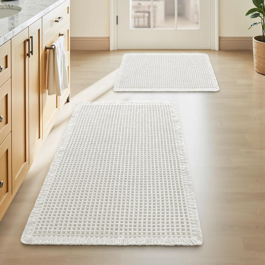 AMOAMI Upgraded Waffle Bath Mat, Super Absorbent Non Slip Bath Mats for Bathroom Floor, Machine Washable Bathroom Rugs with Tassels, Rubber Backed Bathroom Mats, Ultra Soft, 17" x 24", Brown