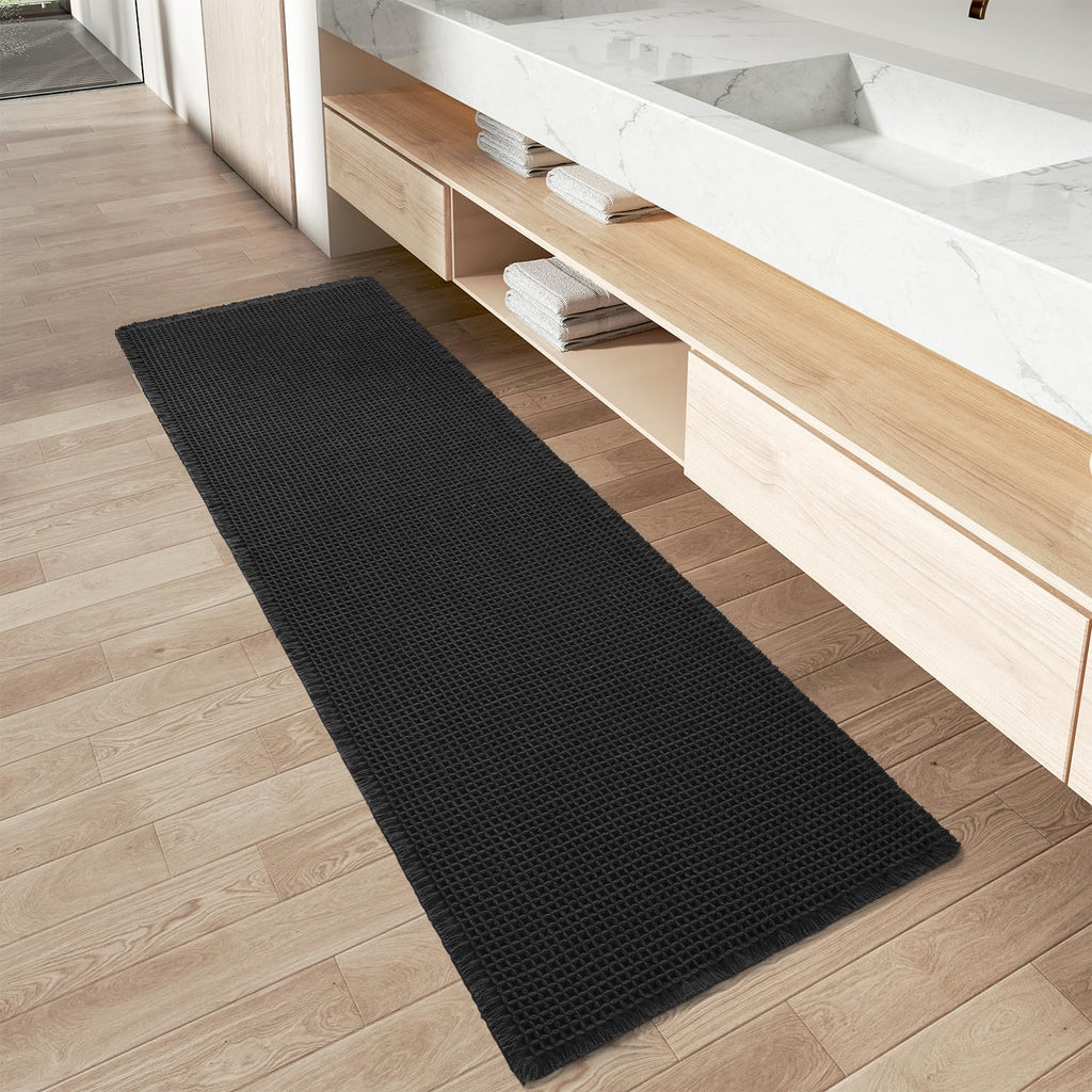 AMOAMI Upgraded Waffle Bath Mat, Super Absorbent Non Slip Bath Mats for Bathroom Floor, Machine Washable Bathroom Rugs with Tassels, Rubber Backed Bathroom Mats, Ultra Soft, 17" x 24", Brown