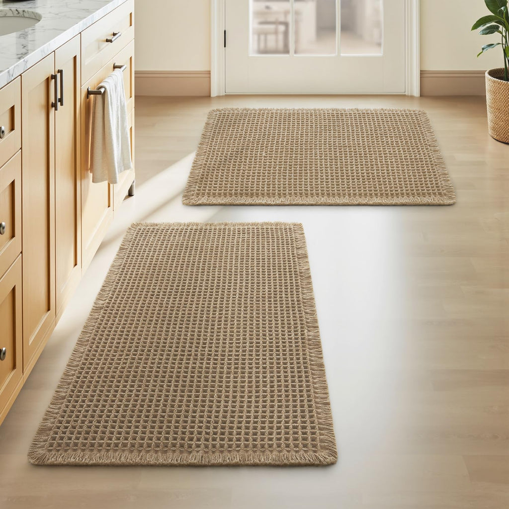 AMOAMI Upgraded Waffle Bath Mat, Super Absorbent Non Slip Bath Mats for Bathroom Floor, Machine Washable Bathroom Rugs with Tassels, Rubber Backed Bathroom Mats, Ultra Soft, 17" x 24", Brown