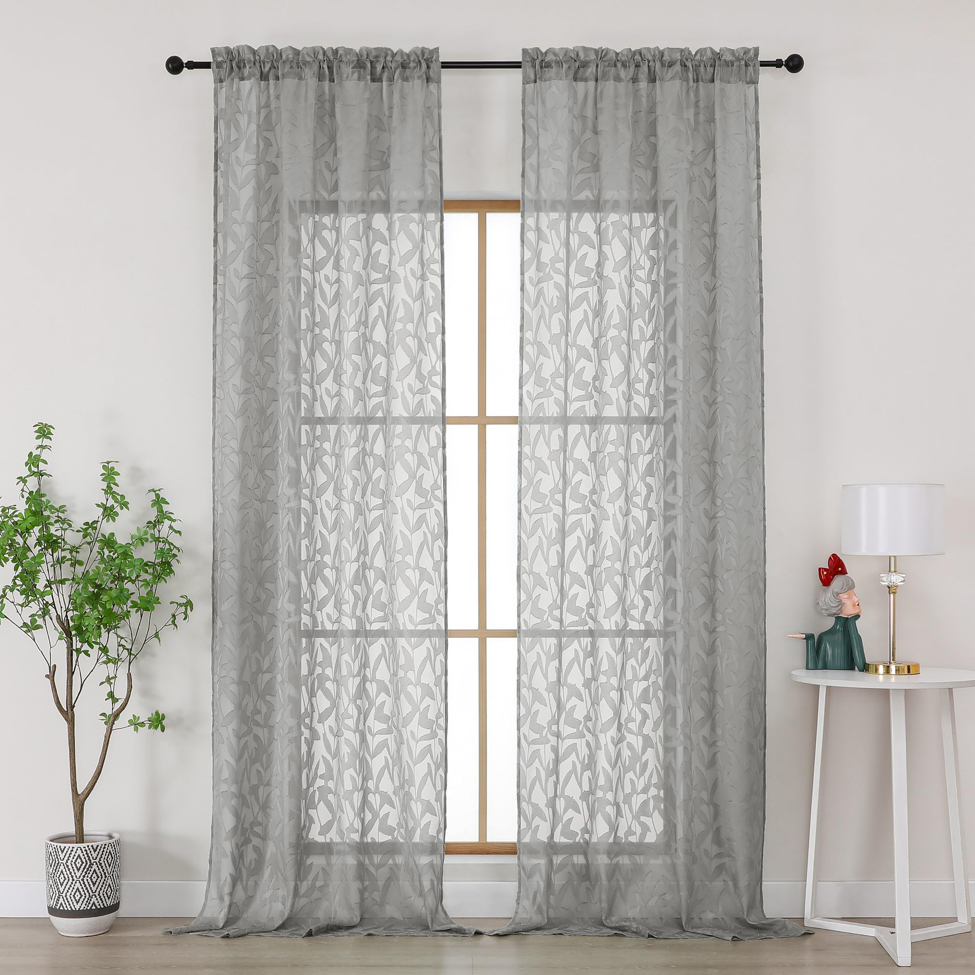 Gwine Sage Green Curtains 84 Inches Long 2 Panels Set, Light Filtering Soft Lightweight Sheer Curtains, Leaf Clip Jacquard Textured Curtain for Bedroom Living Room, 42Wx84L Inches, 2PCS