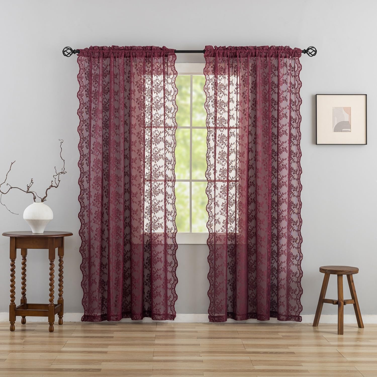 YJ YANJUN Vintage Lace Curtains 84 Inches Long-Victorian Floral Pattern Ivory Sheer Curtain Panels for Living Room Bedroom French Door, Light Filtering Drapes, 2 Panels 52W x 84L Cream