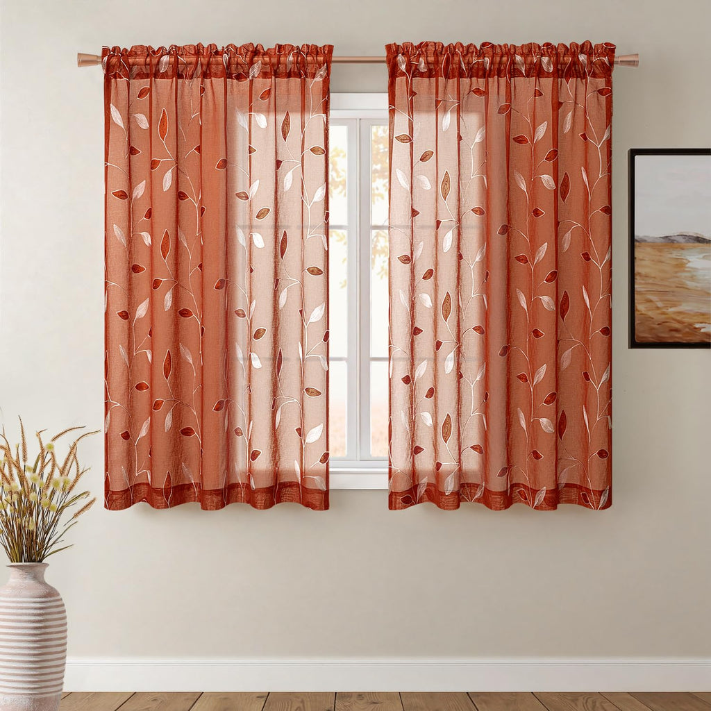 MIULEE Sage Green Sheer Curtains 2 Panels Embroidered Leaf Patterned Rod Pocket Floral Semi Sheer Faux Linen Window Curtains Drapes Set for Living Room Bedroom Dining Room, 52x84 Inches Long