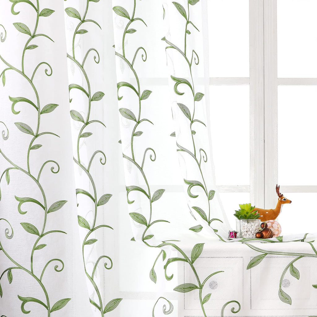 VISIONTEX 2 Panels Sheer Curtains 84 Inches Long, Cream Beige Floral Leaf Embroidered Semi Sheer Voile Curtains, Rod Pocket Light Filtering Window Drapes for Bedroom Living Room 54W x 84L