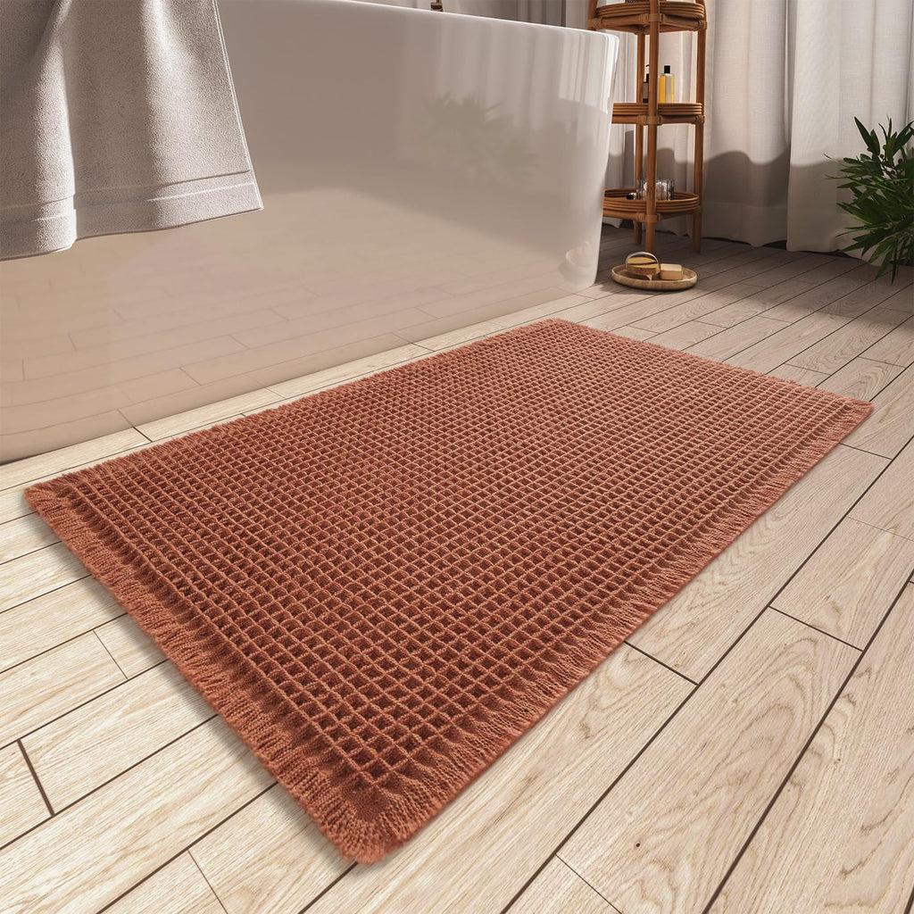 AMOAMI Upgraded Waffle Bath Mat, Super Absorbent Non Slip Bath Mats for Bathroom Floor, Machine Washable Bathroom Rugs with Tassels, Rubber Backed Bathroom Mats, Ultra Soft, 17" x 24", Brown