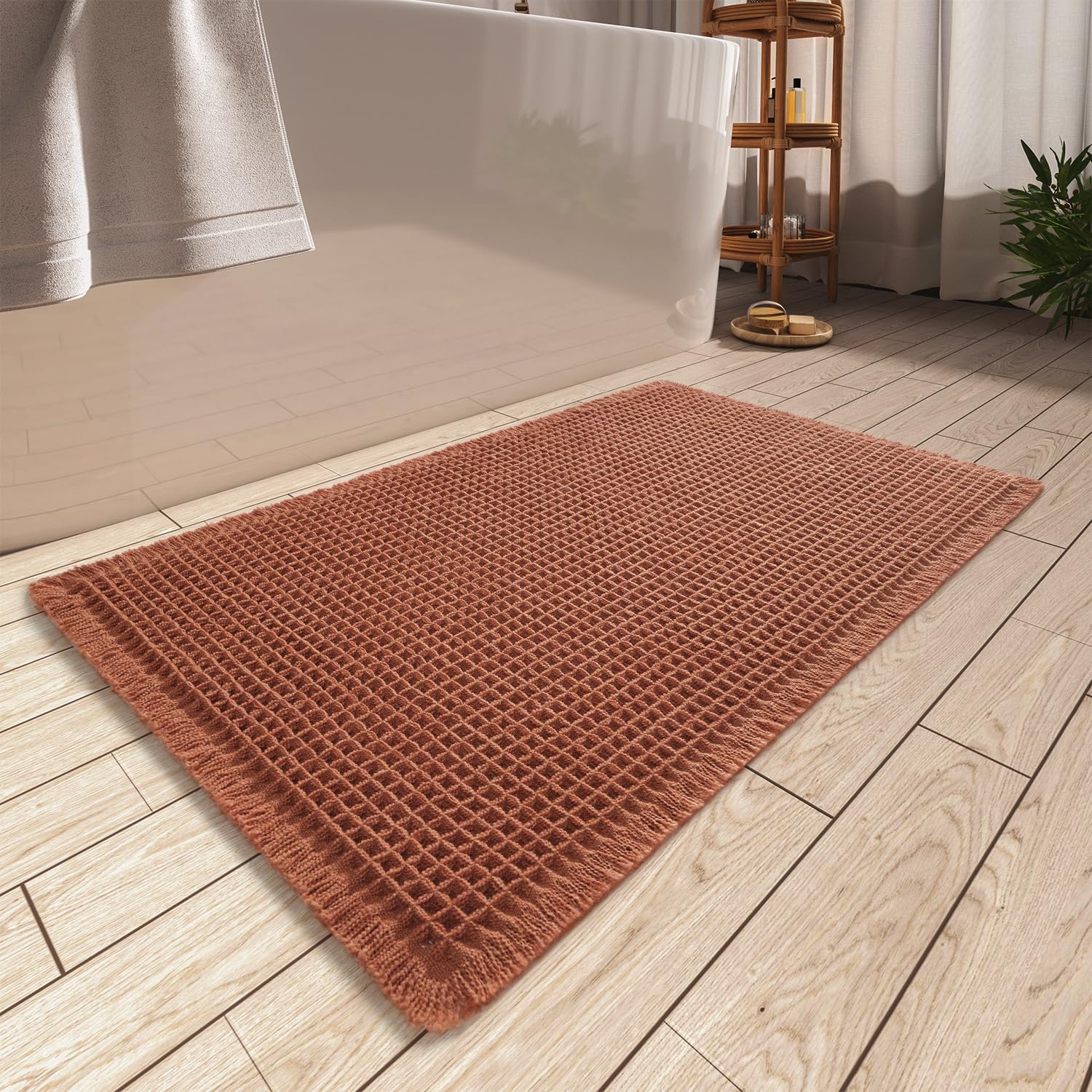 AMOAMI Upgraded Waffle Bath Mat, Super Absorbent Non Slip Bath Mats for Bathroom Floor, Machine Washable Bathroom Rugs with Tassels, Rubber Backed Bathroom Mats, Ultra Soft, 17" x 24", Brown