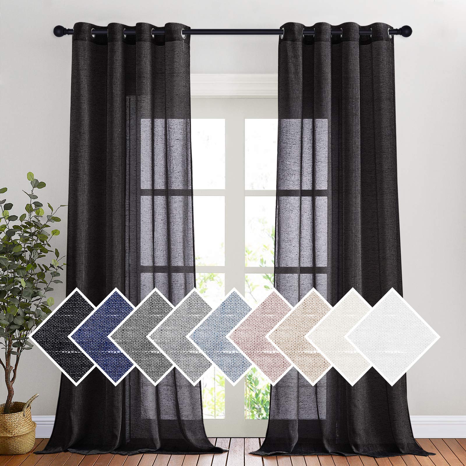 NICETOWN Linen Textured Semi Sheer Curtains 84 inches Length, Eyelet Top Bedroom Window Privacy Translucent Light Filtering Flax Sheer Drapes for Guest Room, 52 inches Wide, 2 Panels, Sea Mist