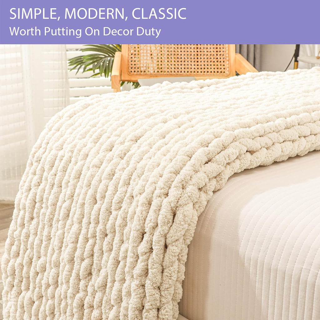 Bigacogo Chunky Knit Throw Blanket for Couch, 40x60 inches, 100% Hand Knitted with Thick Jumbo Chenille Yarn, Cozy Soft Large Rope Knot Cable Crochet Blankets for Sofa Bed Living Room, Beige