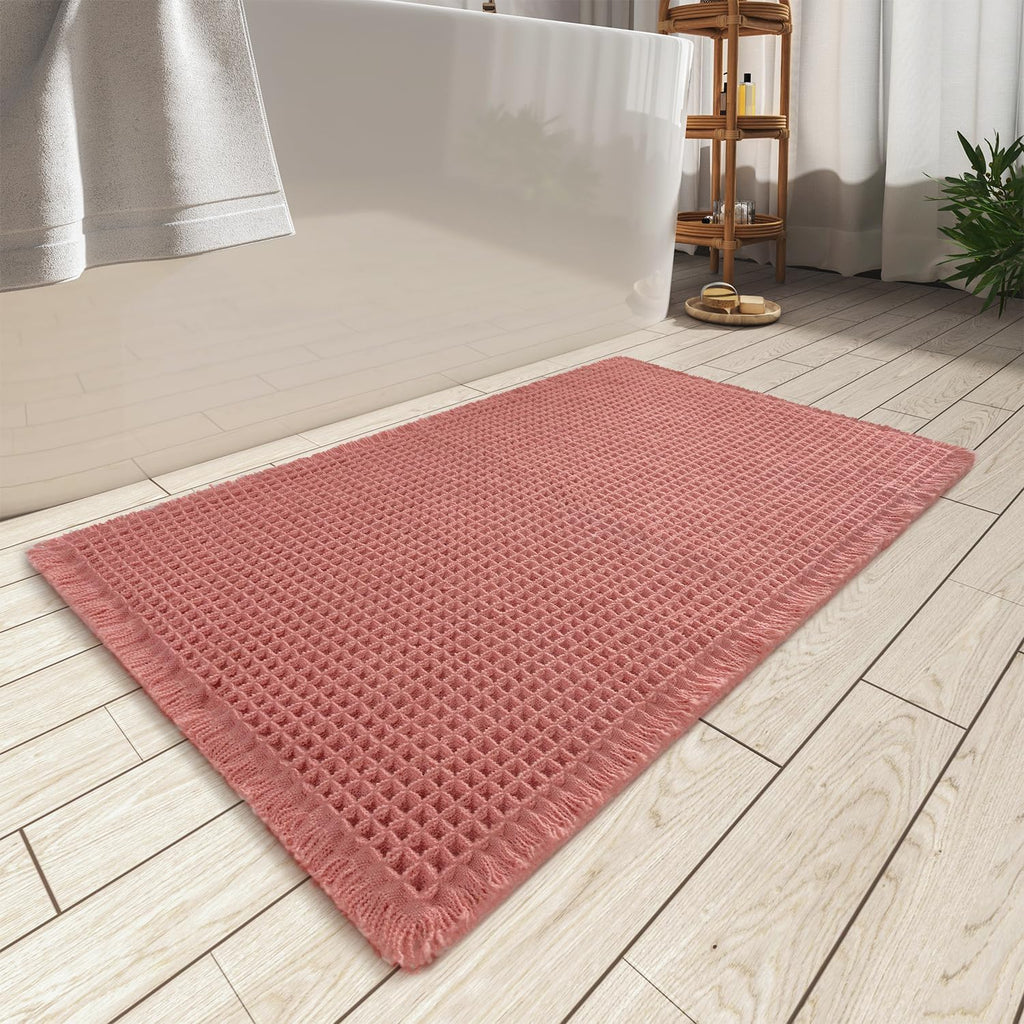 AMOAMI Upgraded Waffle Bath Mat, Super Absorbent Non Slip Bath Mats for Bathroom Floor, Machine Washable Bathroom Rugs with Tassels, Rubber Backed Bathroom Mats, Ultra Soft, 17" x 24", Brown