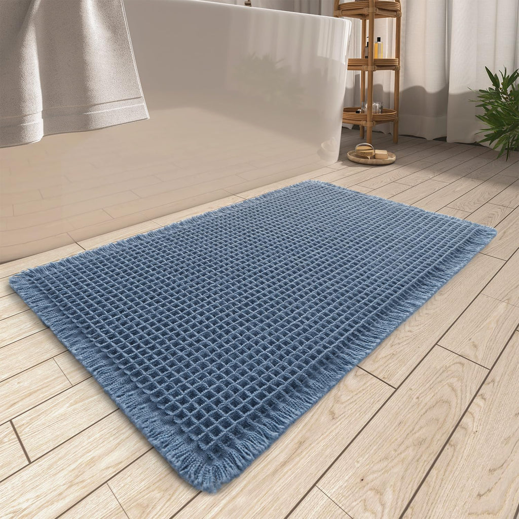 AMOAMI Upgraded Waffle Bath Mat, Super Absorbent Non Slip Bath Mats for Bathroom Floor, Machine Washable Bathroom Rugs with Tassels, Rubber Backed Bathroom Mats, Ultra Soft, 17" x 24", Brown