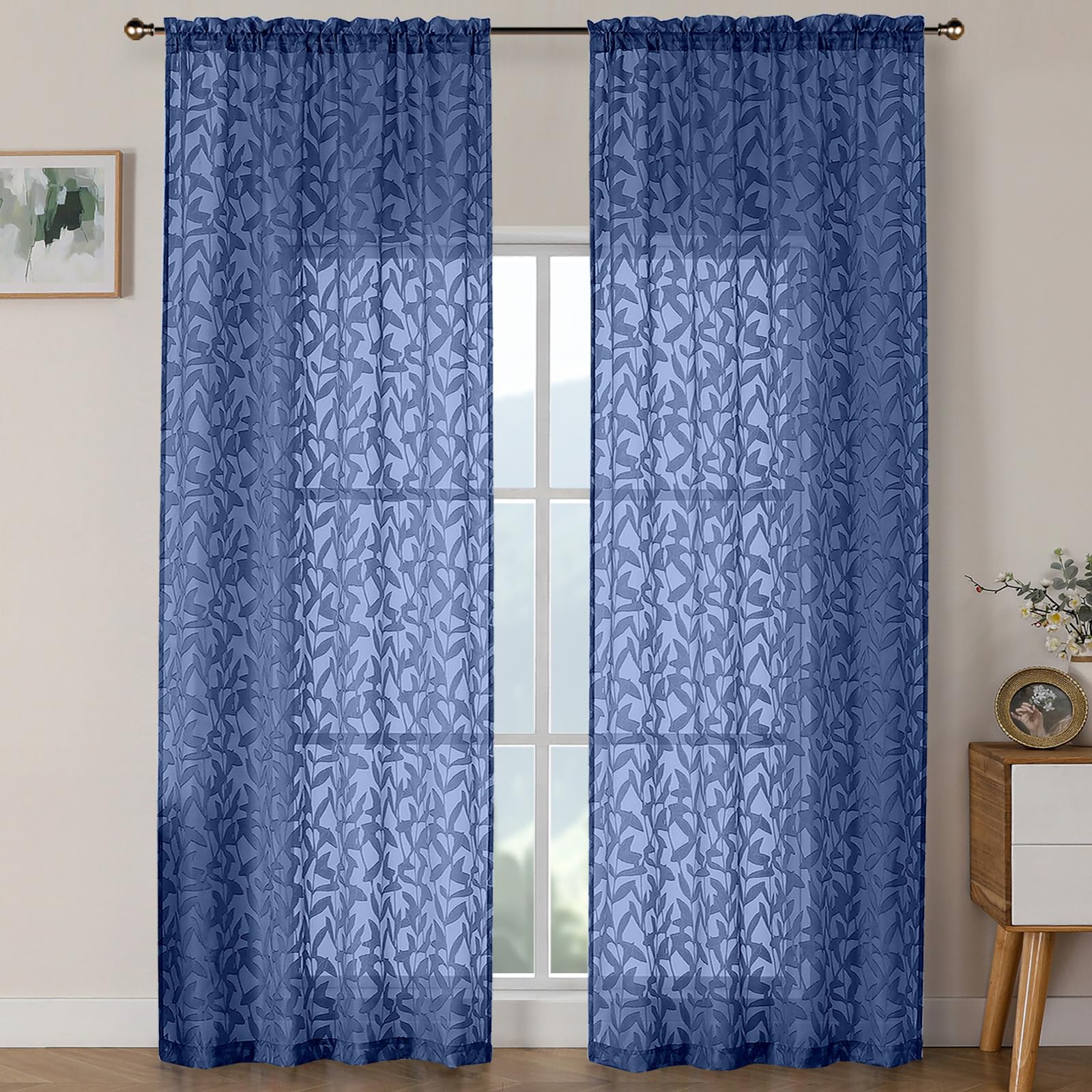OWENIE Leyna 2 Panels Sage Green Sheer Curtains 63 Inch Length for Bedroom, Soft Lightweight Jacquard Clip Window Curtain for Living Room, Double Rod Pockets Textured Drapes, Each 40Wx63L Inches