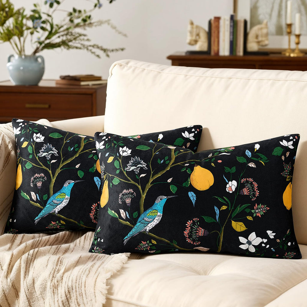 Mustard Yellow Floral Pillow Covers 18x18 Set of 2, Velvet Wild Flower Plant Throw Pillows Case, Square Farmhouse Decor Cushion Covers for Home Sofa Bed Couch