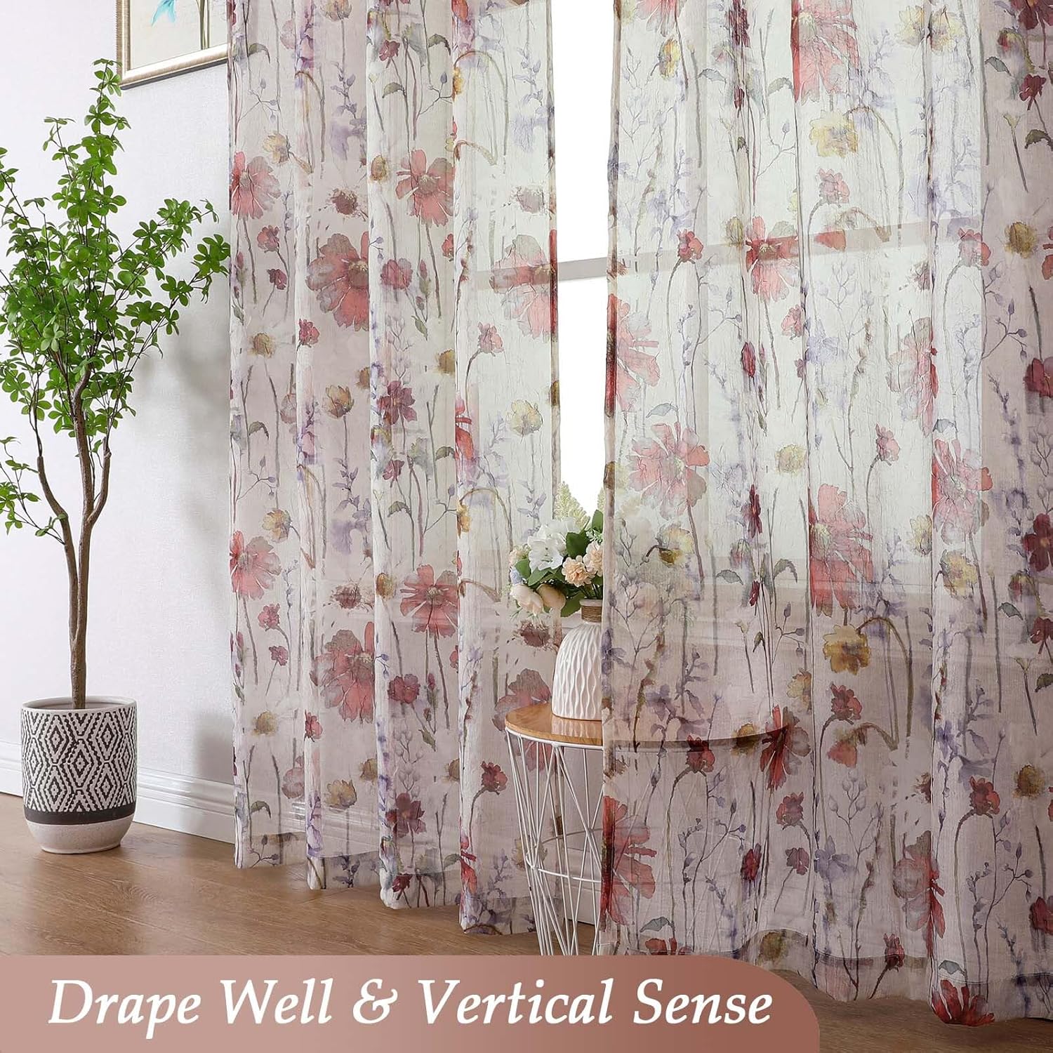 Lecloud Crushed Sheer Curtains 84 Inches Long 2 Panels, Airy Light Filtering Voile Floral Curtains for Living Room, Rod Pocket Romantic Window Curtain Drapes for Bedroom Dining Room, 42" W x 84" L