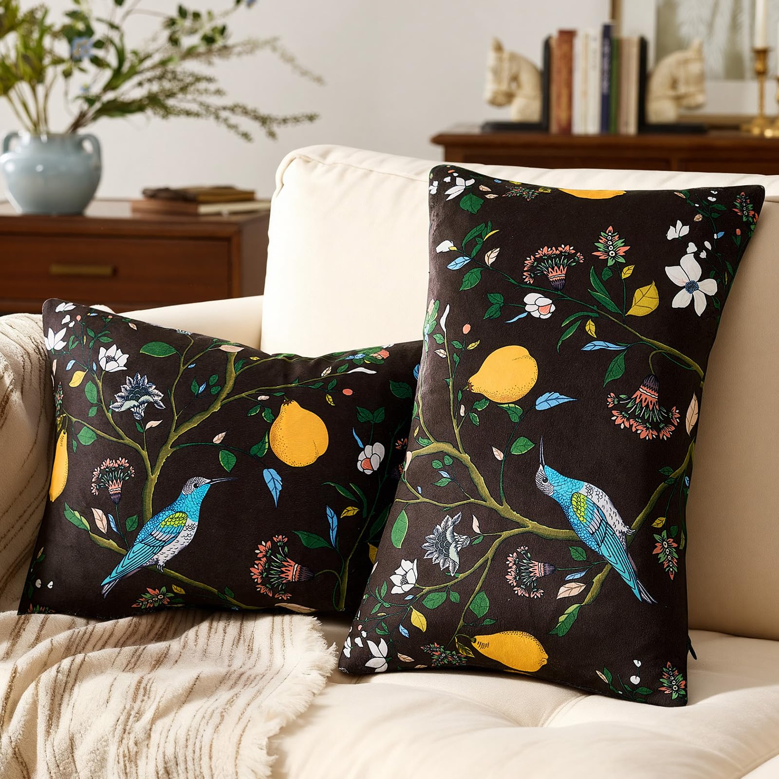 Mustard Yellow Floral Pillow Covers 18x18 Set of 2, Velvet Wild Flower Plant Throw Pillows Case, Square Farmhouse Decor Cushion Covers for Home Sofa Bed Couch