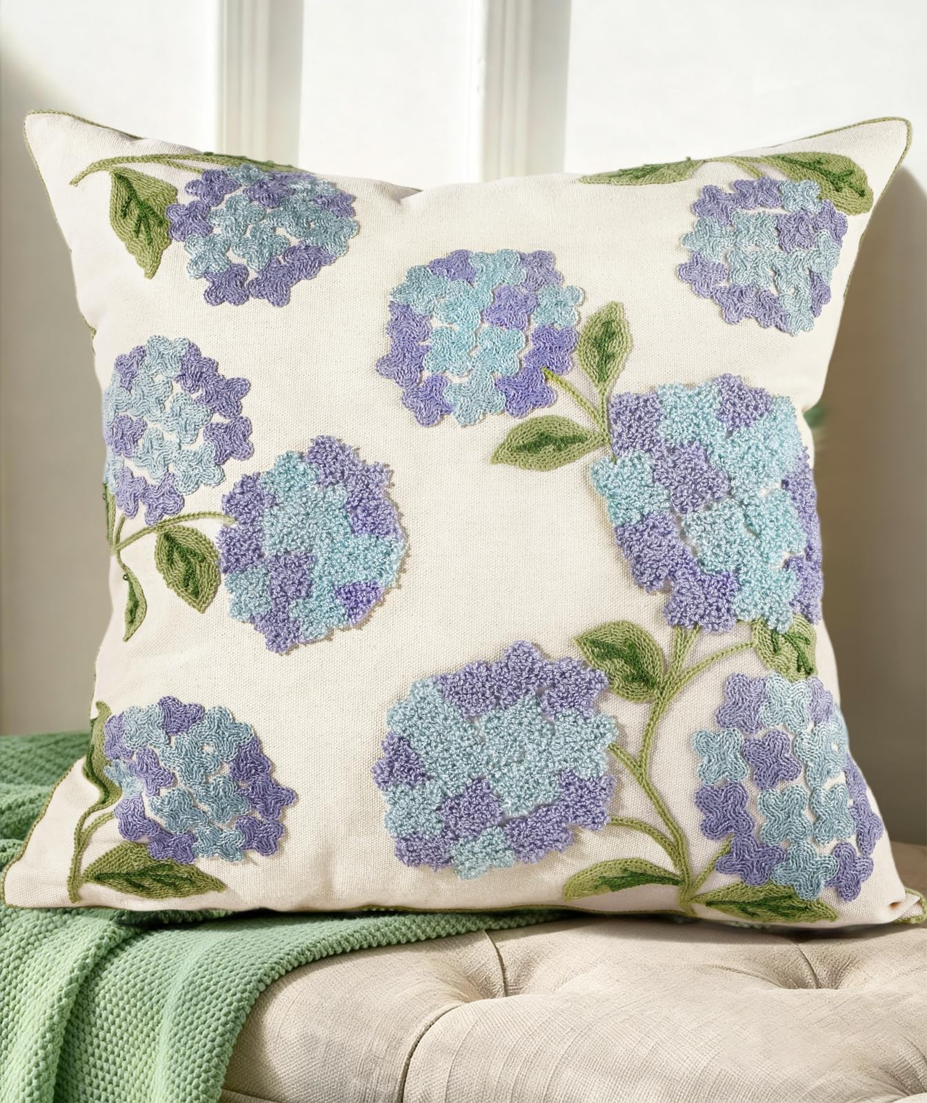 Embroidered Throw Pillow Cover - 18x18 Decorative Pillow Cover with Zipper Aesthetic Cute Design Boho Spring Summer Cozy Throw Pillowcase for Living Room Couch Sofa Bed, White Daisy