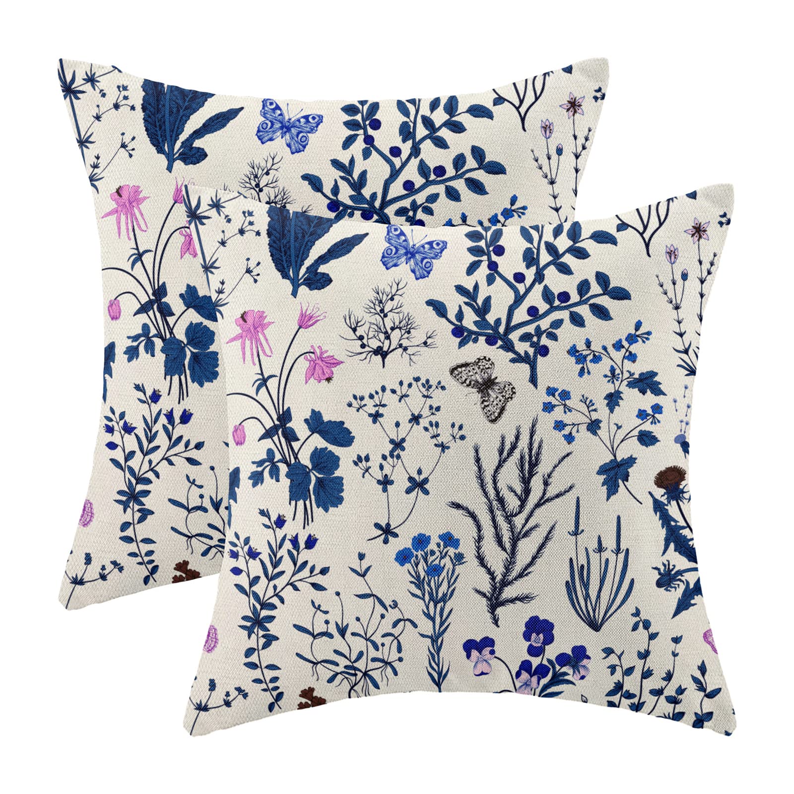 AEIOAE Spring Pillow Covers 18x18 Inch Set of 2,Sage Green Wild Flower Plant Throw Pillows Case,Seasonal Floral Outdoor Decorative Square Linen Farmhouse Decor Cushion Covers for Home Sofa Bed Couch