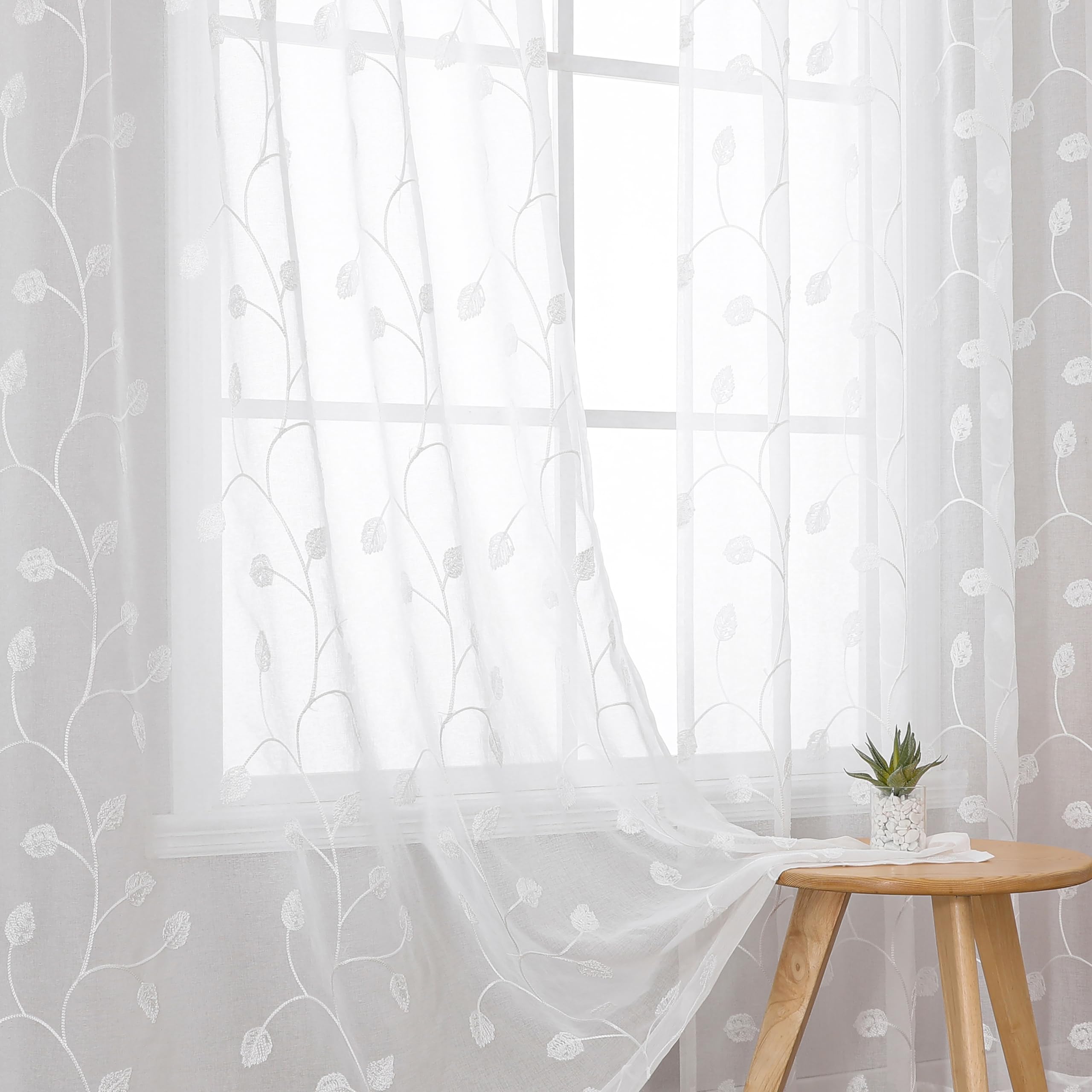 VISIONTEX 2 Panels Sheer Curtains 84 Inches Long, Cream Beige Floral Leaf Embroidered Semi Sheer Voile Curtains, Rod Pocket Light Filtering Window Drapes for Bedroom Living Room 54W x 84L