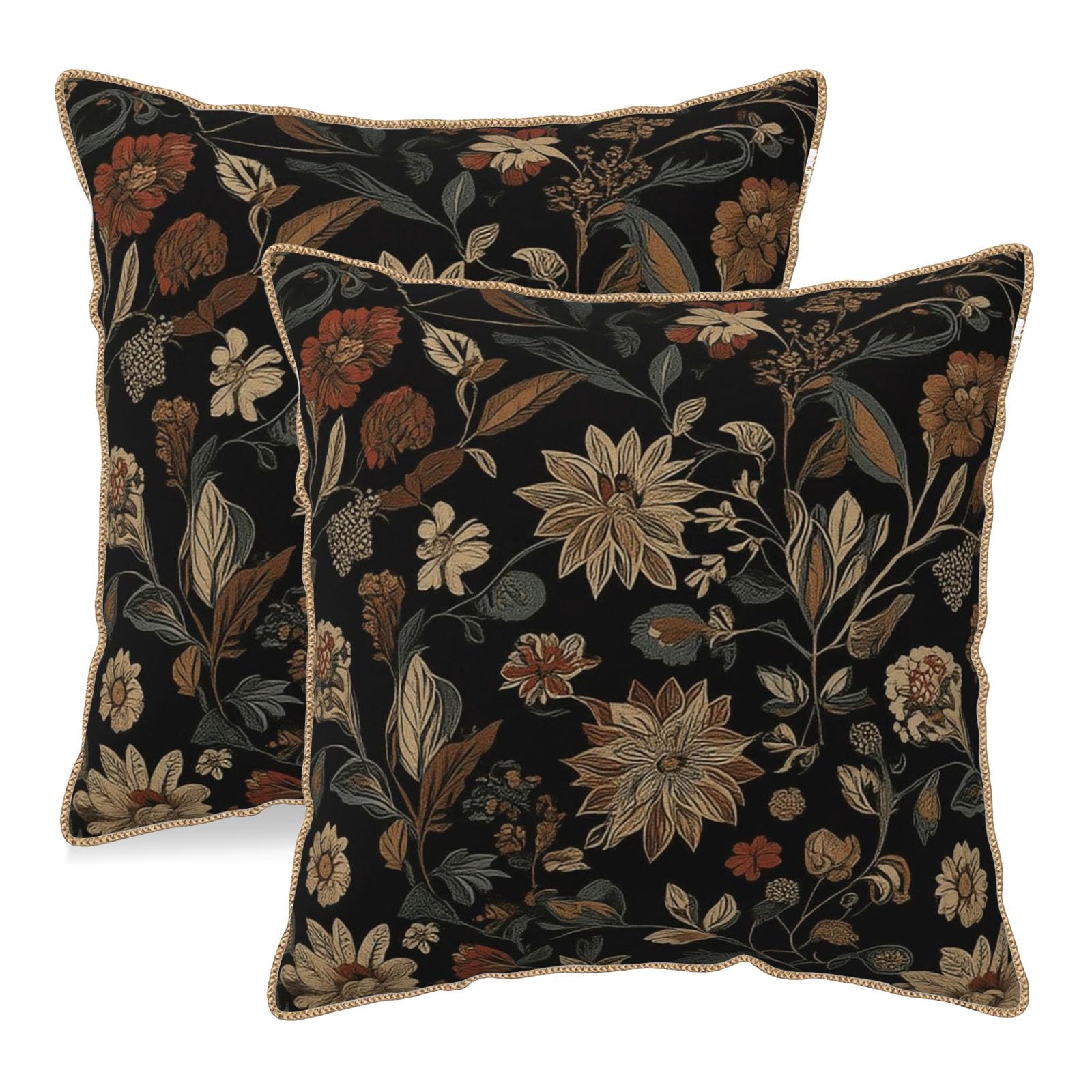 Vintage Floral Soft Velvet Throw Pillow Covers Set of 2 Burnt Orange Navy Flowers Plant Decorative Pillow Covers 18x18 Inch Art Botanical Pillow Case For Sofa Couch Outdoor Farmhouse Home Decor