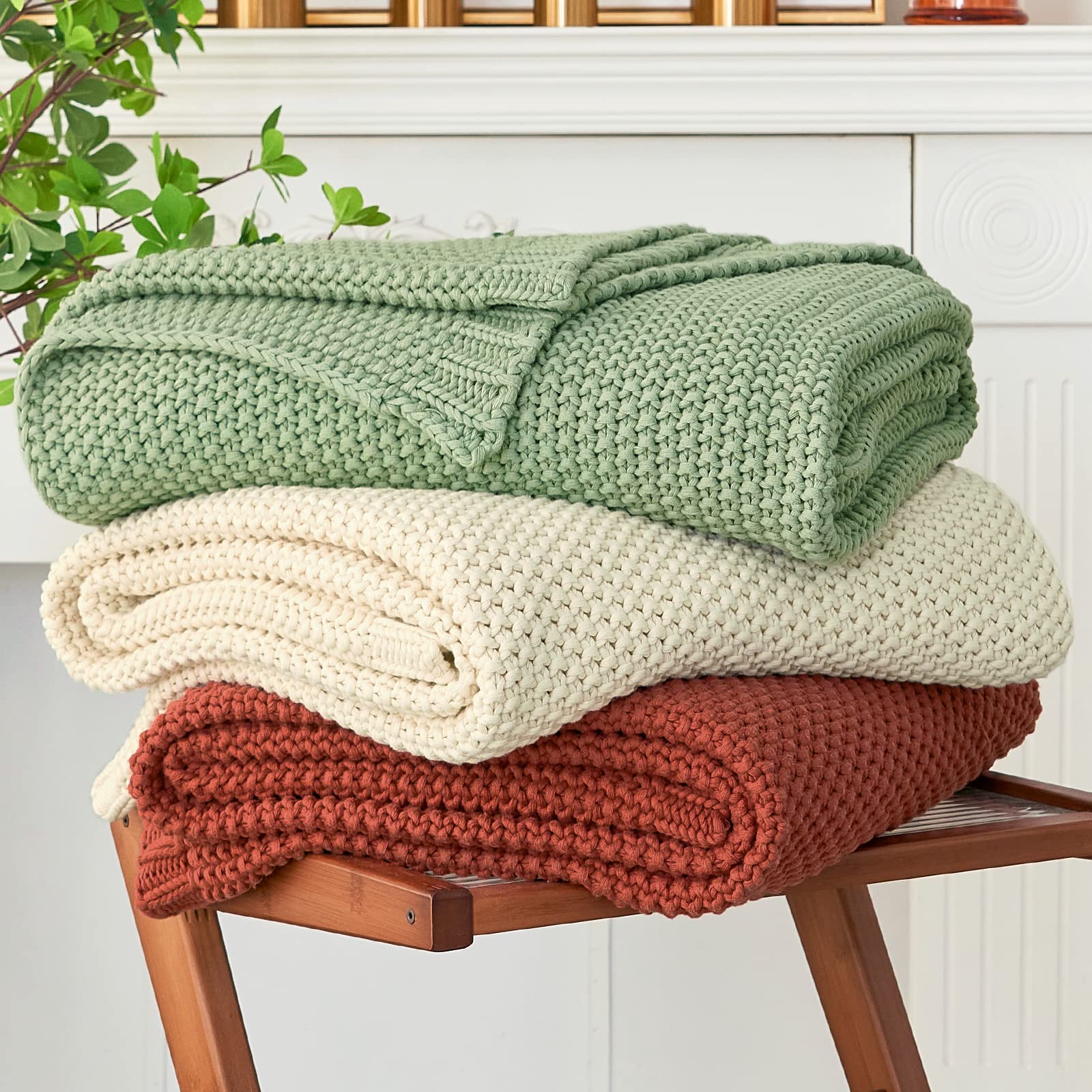 Longhui bedding Chunky Cable Knit Throw Blanket Lightweight Beige 100% Organic Cotton Blanket for Sofa Couch Bed Baby Nursery, Rustic Shabby Chic Modern Farmhouse, 51” x 63” Give Laundering Bag