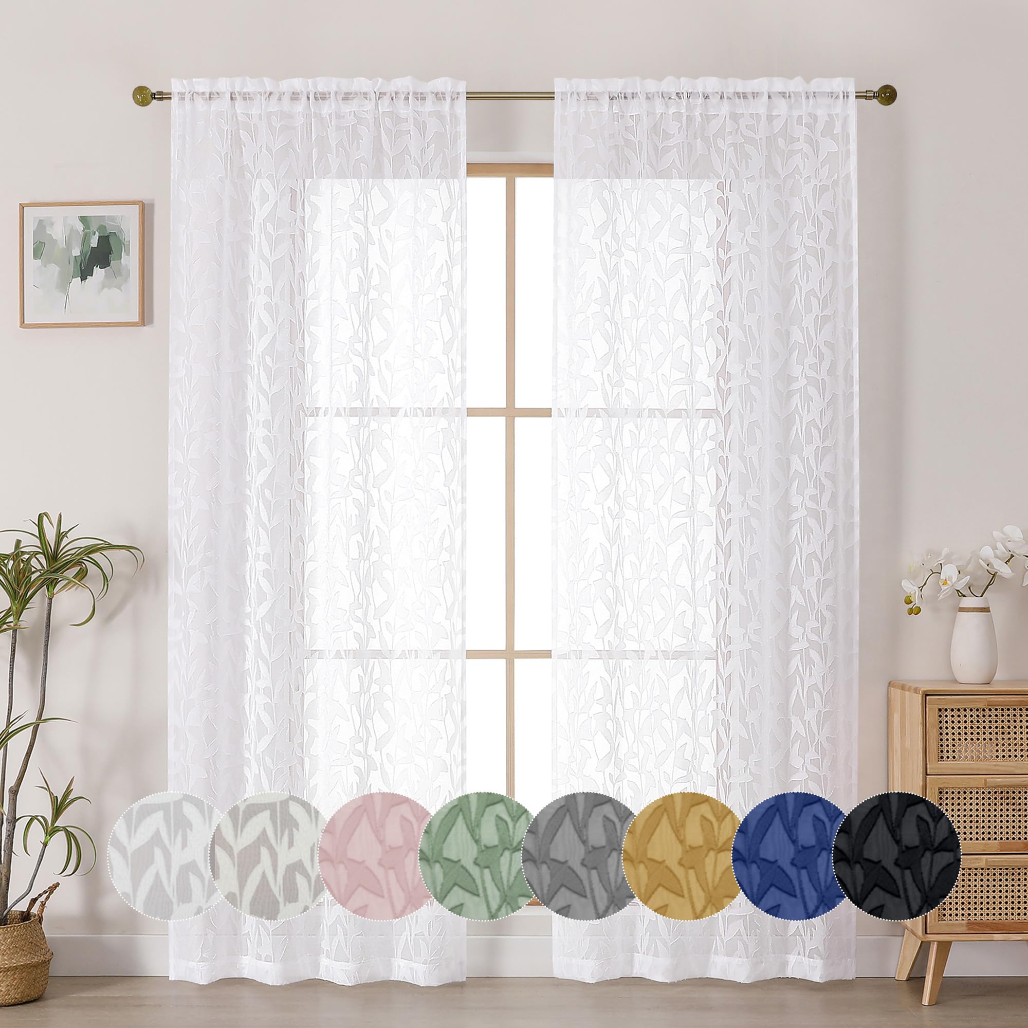 OWENIE Leyna 2 Panels Sage Green Sheer Curtains 63 Inch Length for Bedroom, Soft Lightweight Jacquard Clip Window Curtain for Living Room, Double Rod Pockets Textured Drapes, Each 40Wx63L Inches