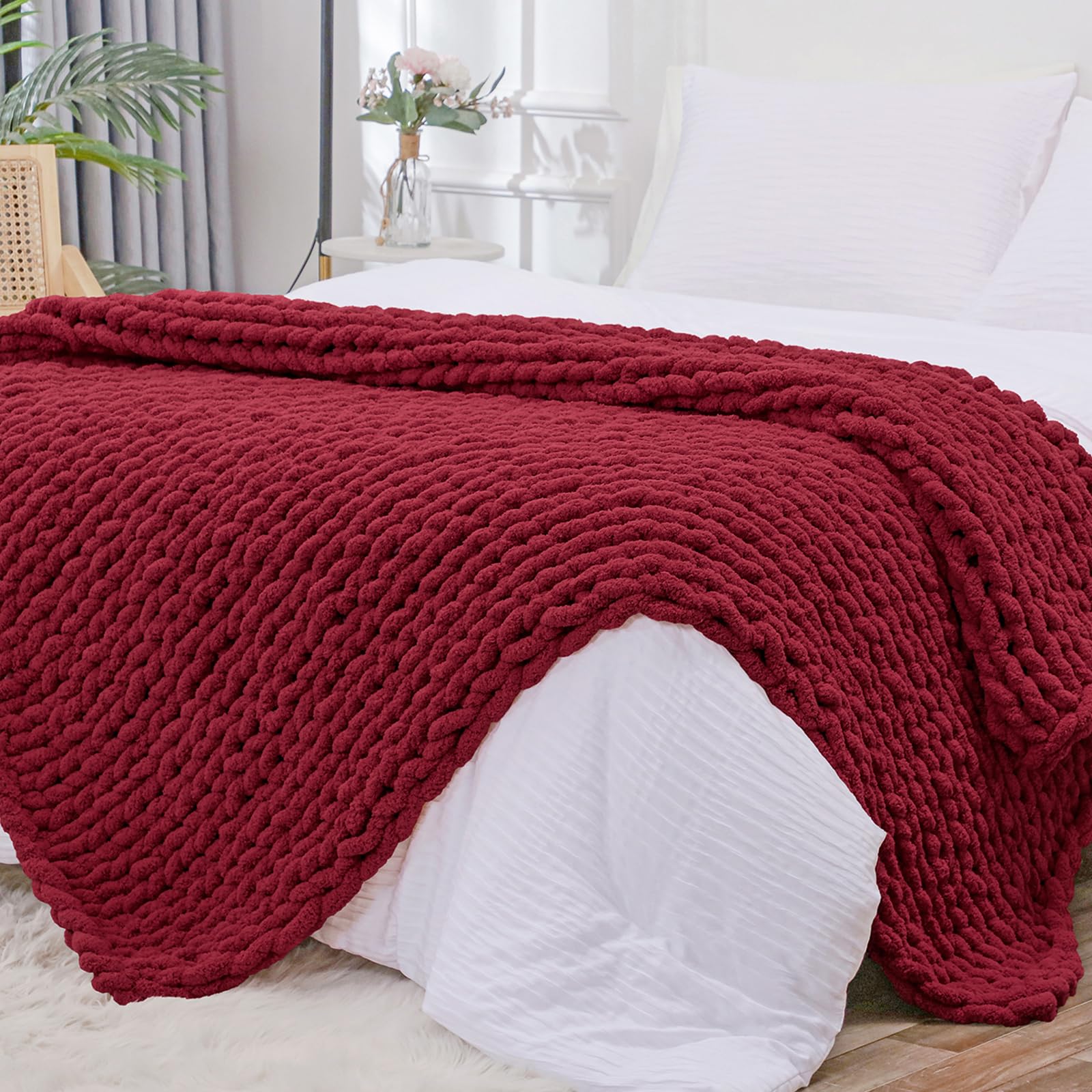 Bigacogo Chunky Knit Throw Blanket for Couch, 40x40 inches, 100% Hand Knitted with Thick Jumbo Chenille Yarn, Cozy Soft Large Rope Knot Cable Crochet Blankets for Sofa Bed Living Room, Dusty Blue