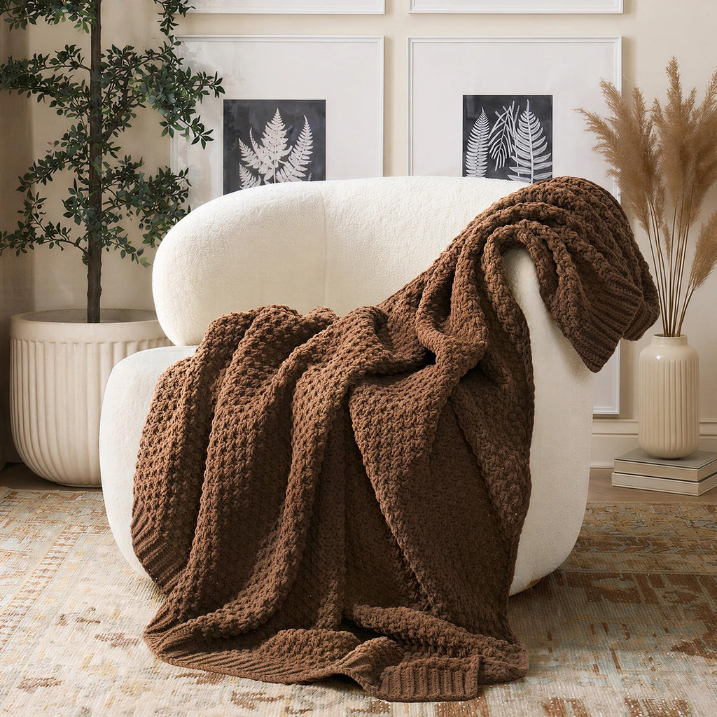 EVERGRACEHOME Chunky Chenille Knit Throw Blanket for Couch, Soft Luxurious Moss Stitch Blankets for Bed, Cozy Decorative Farmhouse Knitted Throws for Sofa, Sand Dune, 60" x 80"