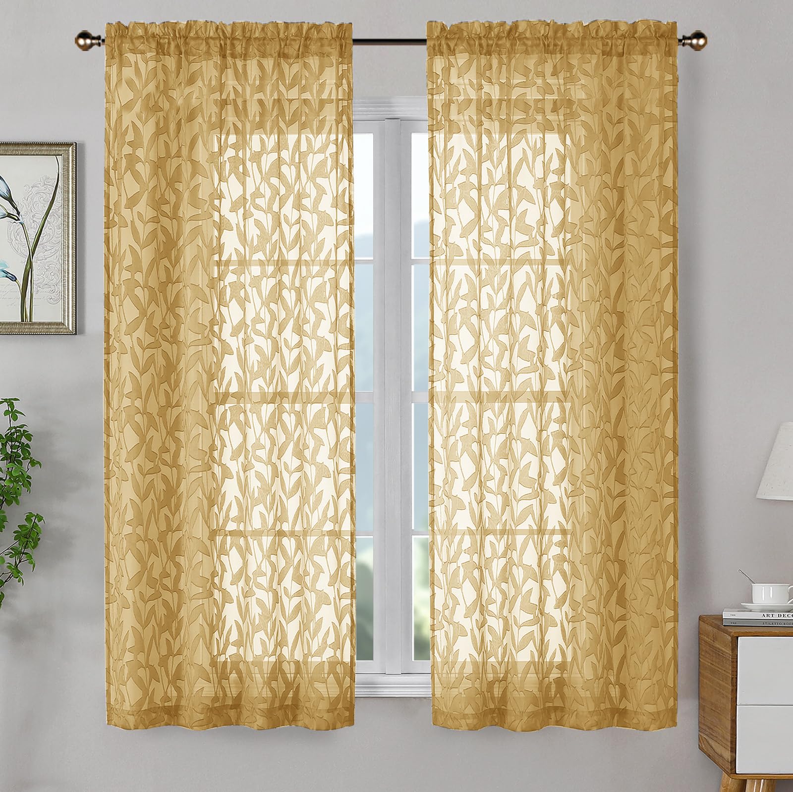 OWENIE Leyna 2 Panels Sage Green Sheer Curtains 63 Inch Length for Bedroom, Soft Lightweight Jacquard Clip Window Curtain for Living Room, Double Rod Pockets Textured Drapes, Each 40Wx63L Inches