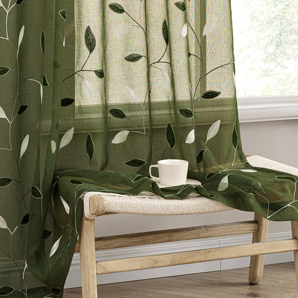 MIULEE Sage Green Sheer Curtains 2 Panels Embroidered Leaf Patterned Rod Pocket Floral Semi Sheer Faux Linen Window Curtains Drapes Set for Living Room Bedroom Dining Room, 52x84 Inches Long