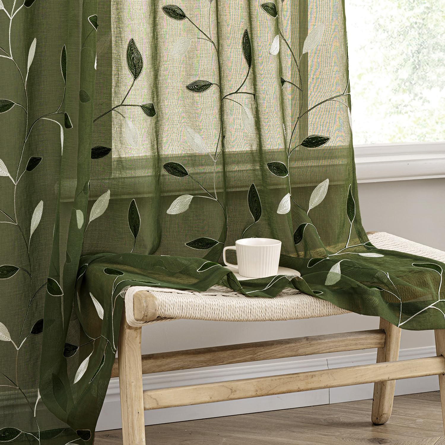 MIULEE Sage Green Sheer Curtains 2 Panels Embroidered Leaf Patterned Rod Pocket Floral Semi Sheer Faux Linen Window Curtains Drapes Set for Living Room Bedroom Dining Room, 52x84 Inches Long