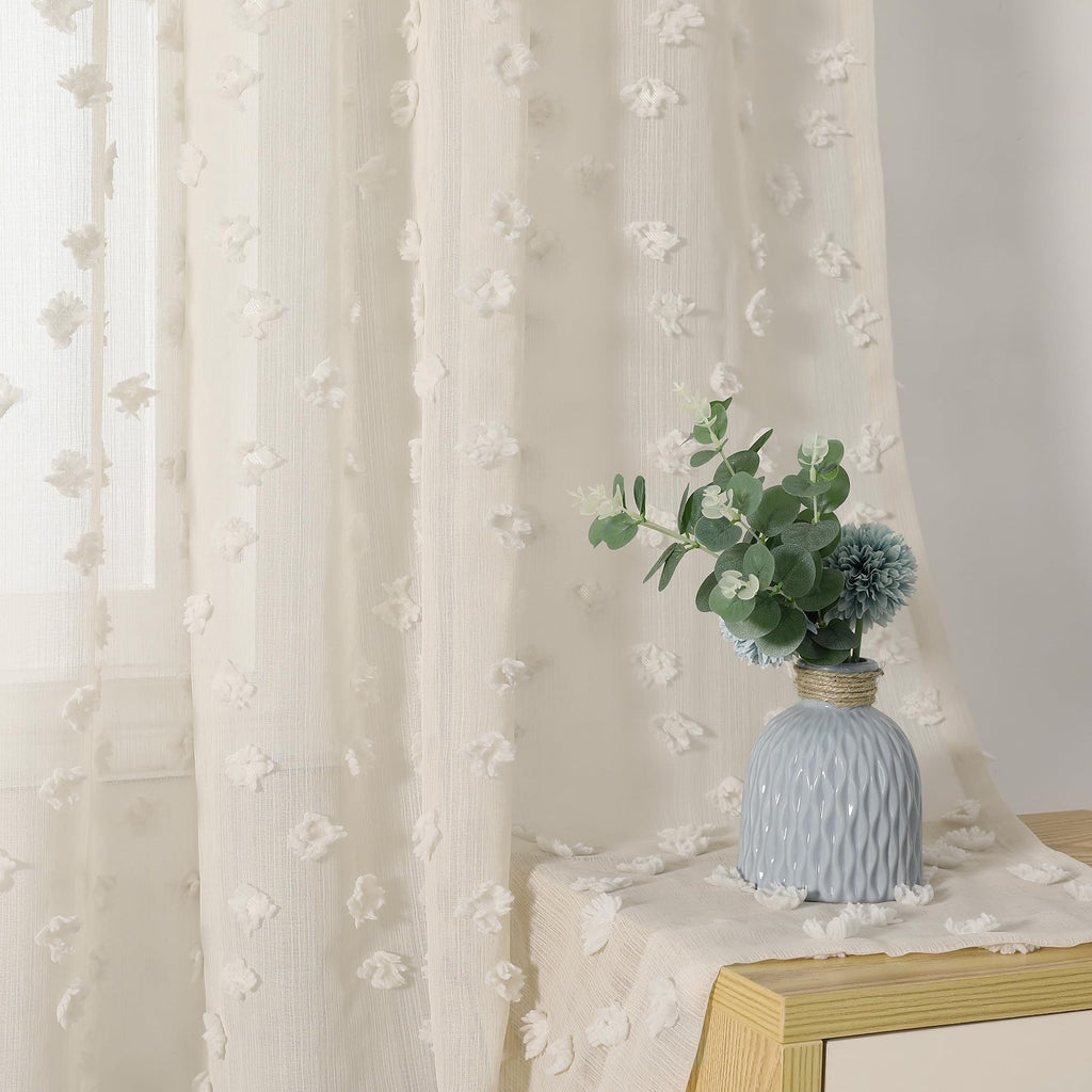 2 Panels 52"W x 84"L Dusty Rose Pom Pom Sheer Curtains Rod Pocket Light Filtering Boho Window Drapes for Girls Bedroom Nursery Kids Room